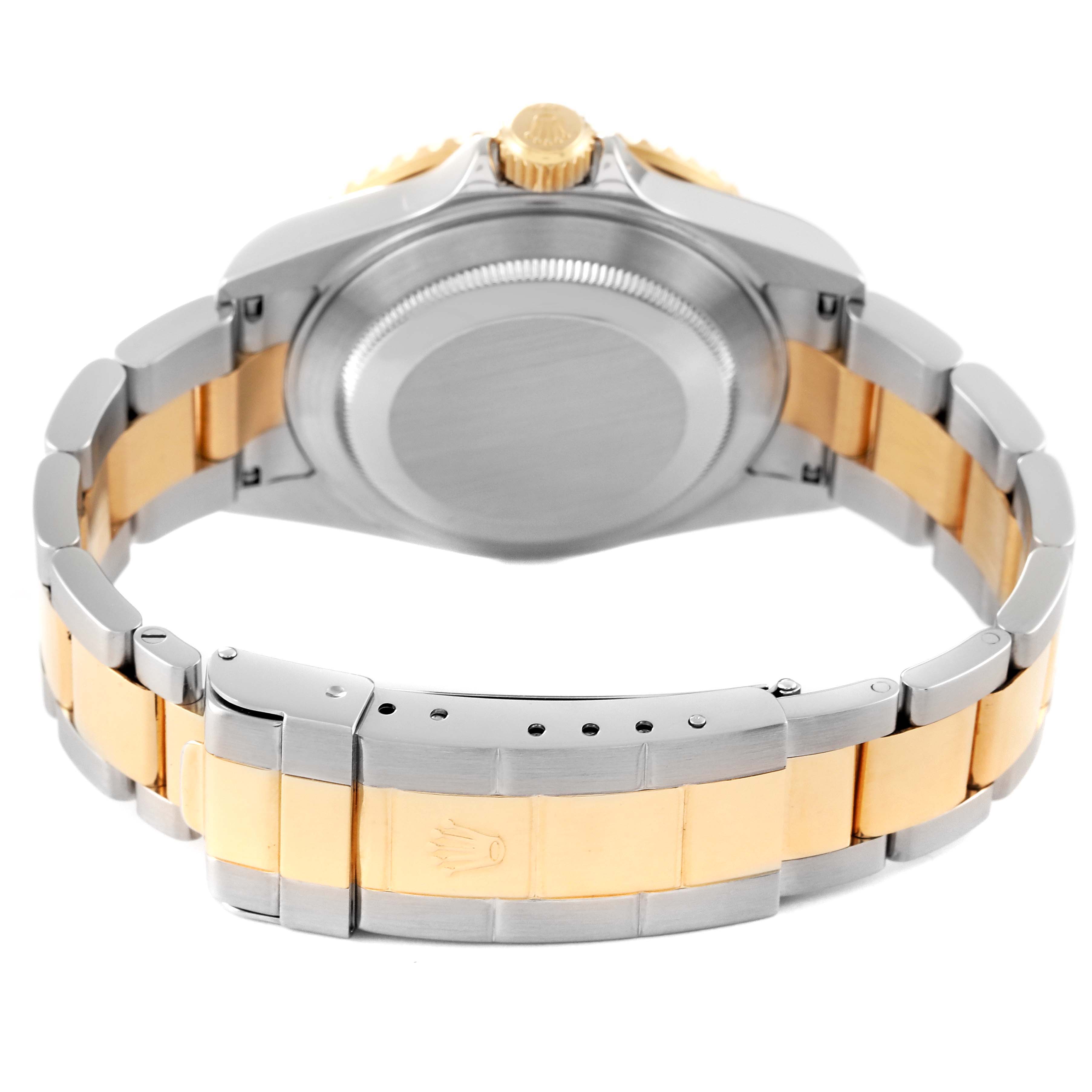 The image shows the back view of a Rolex Submariner 16613 Men
s Steel and Gold (two tone) Blue Dial 16613 Men
s Steel and Gold (two tone) Blue Dial watch, highlighting its gold and stainless steel bracelet and case back.