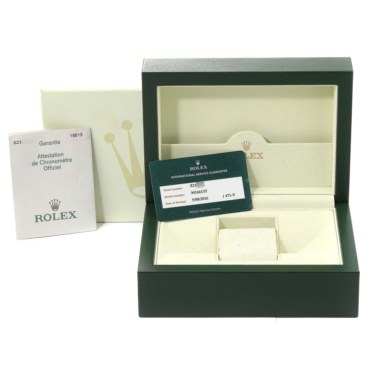 The image shows a Rolex Submariner 16613 Men
s Steel and Gold (two tone) Blue Dial 16613 Men
s Steel and Gold (two tone) Blue Dial watch box, warranty card, and documentation from a slightly elevated front angle.