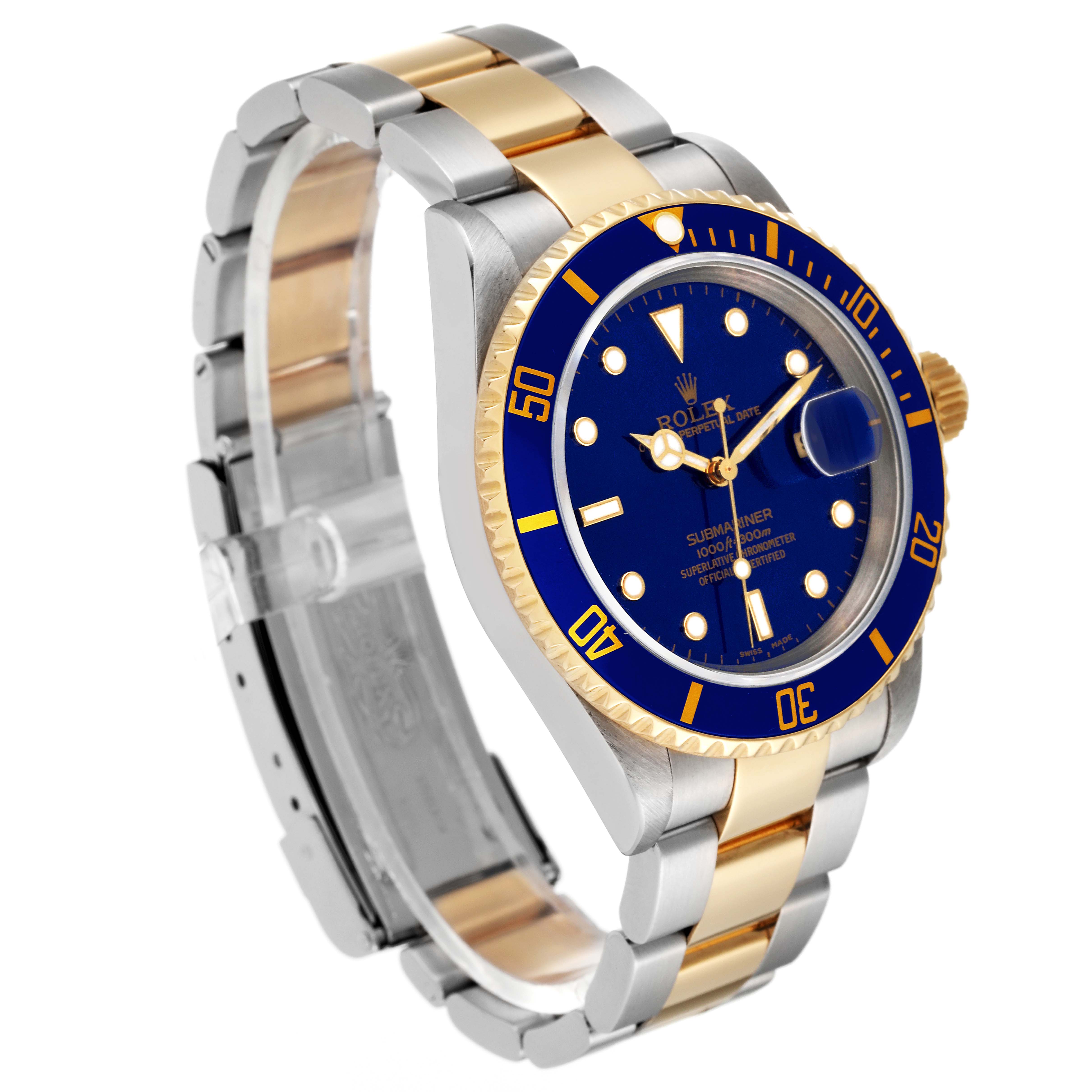 This image shows a Rolex Submariner 16613 Men
s Steel and Gold (two tone) Blue Dial 16613 Men
s Steel and Gold (two tone) Blue Dial watch at a three-quarter angle, displaying the dial, bezel, and a portion of the bracelet.