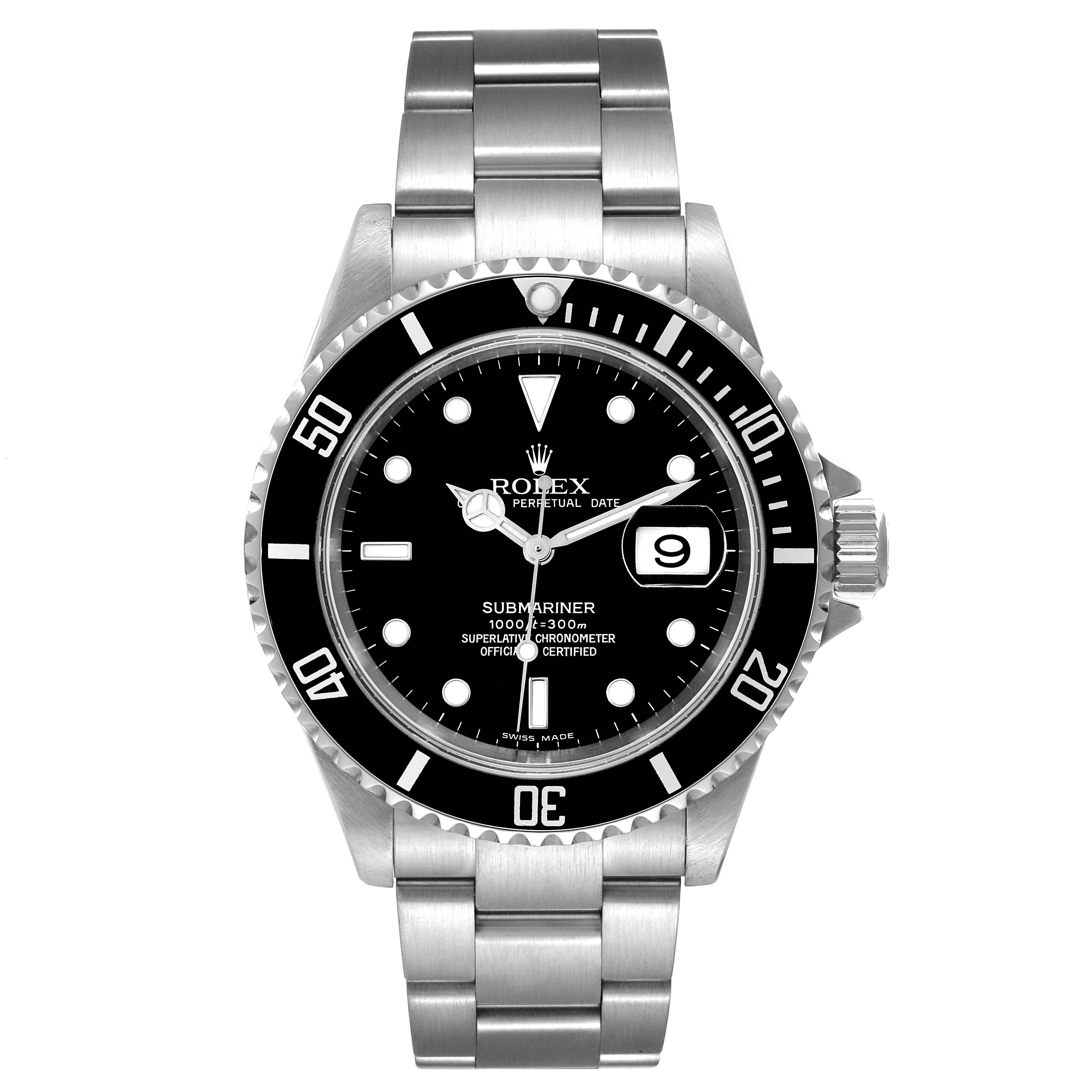 The Rolex Submariner 16610T Men's Stainless Steel Black Dial 16610T Men's Stainless Steel Black Dial watch is shown from a front angle, displaying the dial, bezel, and stainless steel bracelet.