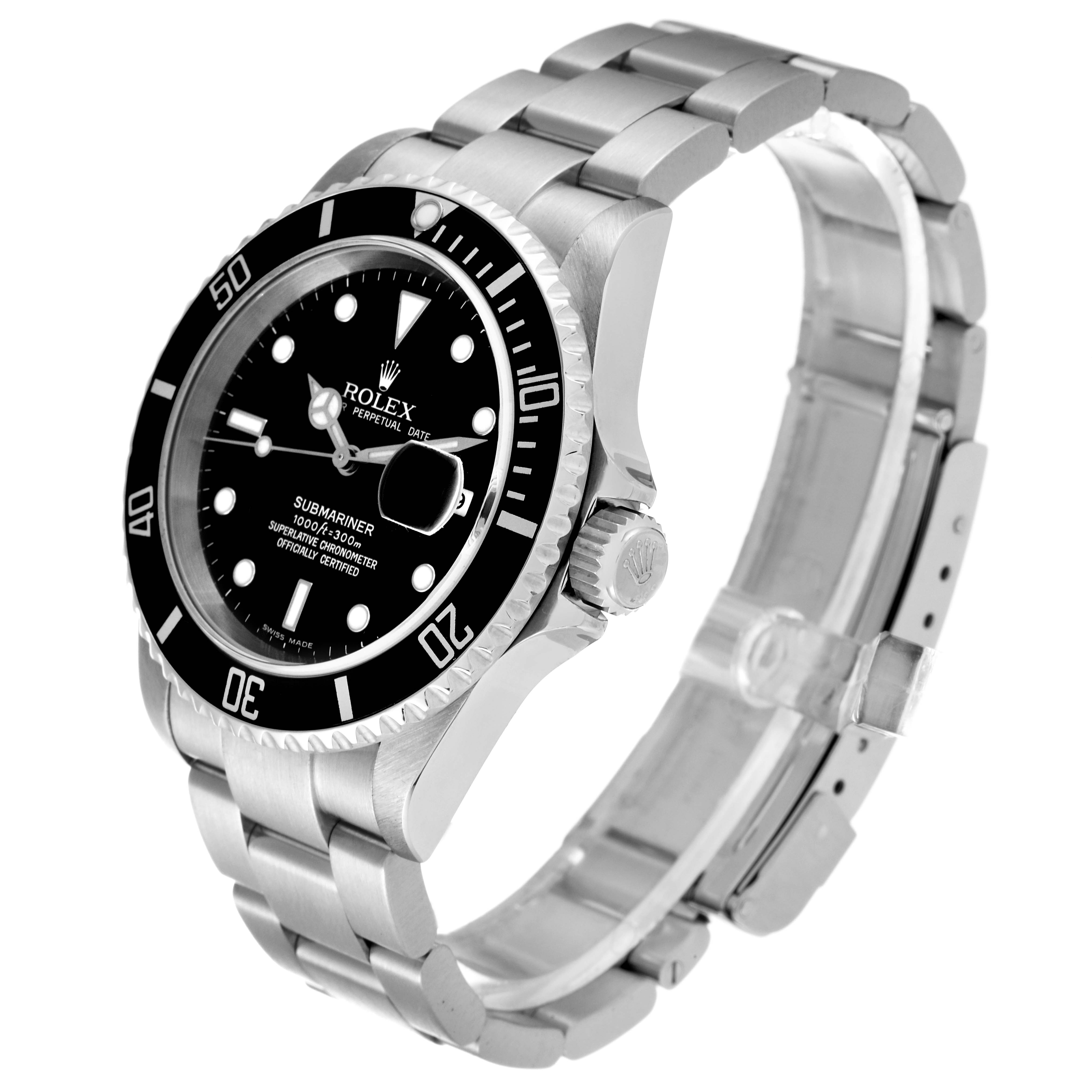 The image shows a Rolex Submariner 16610T Men's Stainless Steel Black Dial 16610T Men's Stainless Steel Black Dial watch angled to display the face, bezel, crown, and metal bracelet.