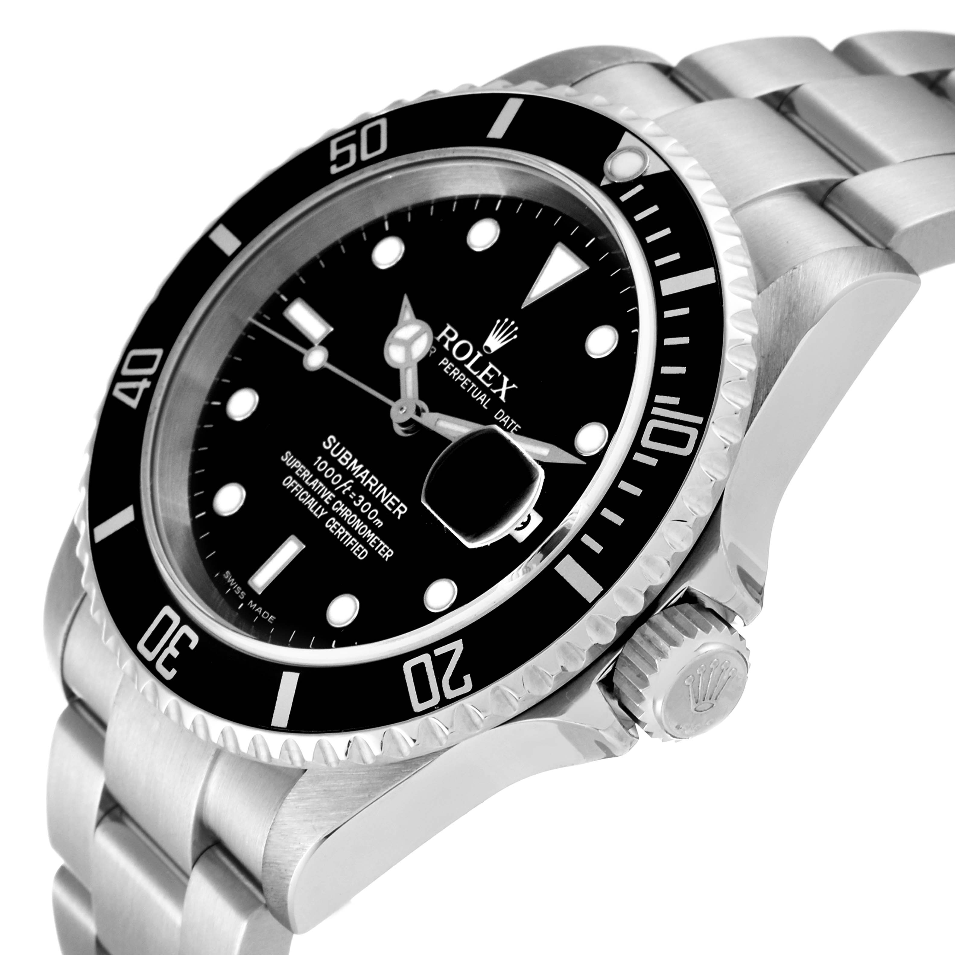 This image shows a close-up angled view of a Rolex Submariner 16610T Men's Stainless Steel Black Dial 16610T Men's Stainless Steel Black Dial watch, highlighting the dial, bezel, and crown.