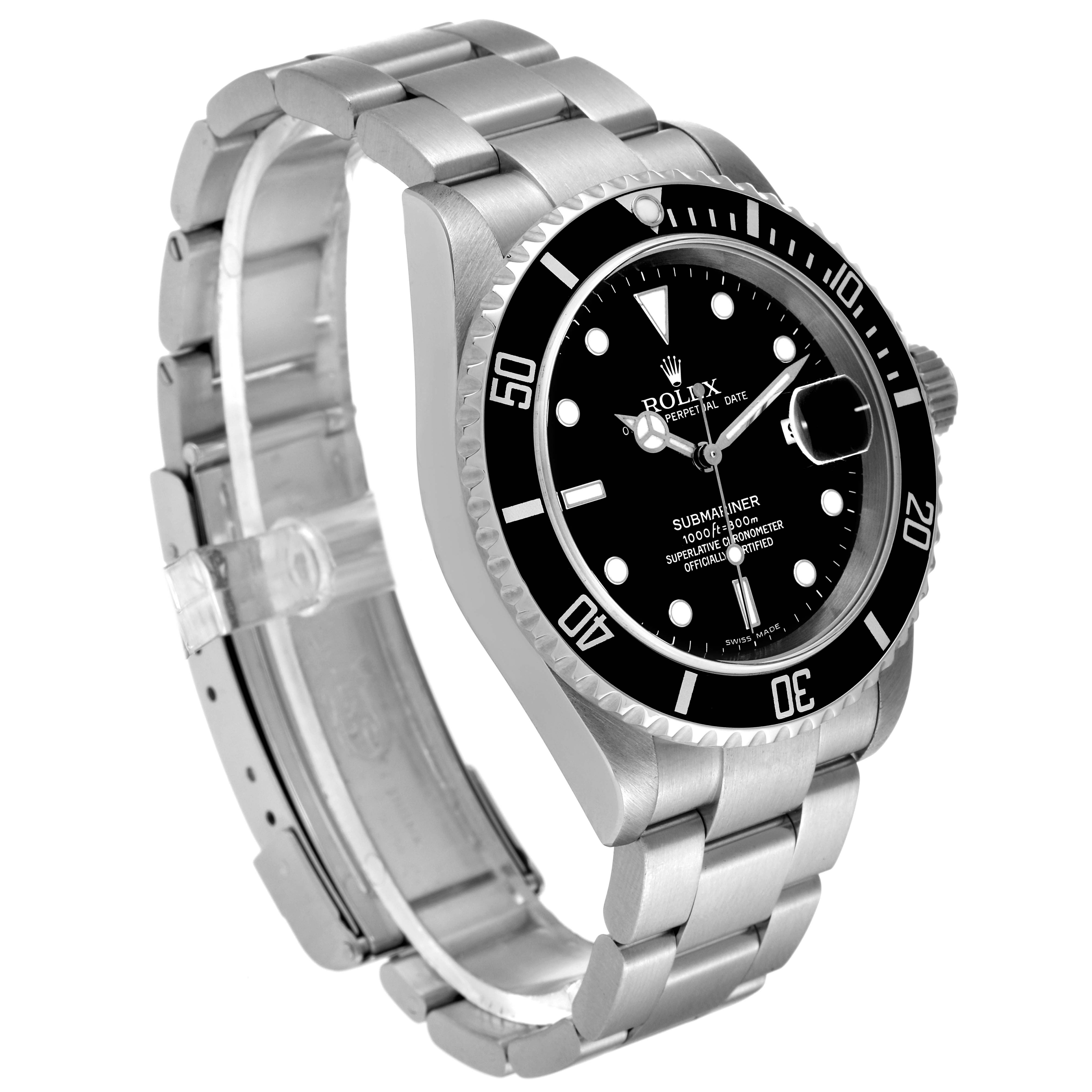 The image shows a side angle of a Rolex Submariner 16610T Men's Stainless Steel Black Dial 16610T Men's Stainless Steel Black Dial watch, displaying the bracelet, bezel, and face.