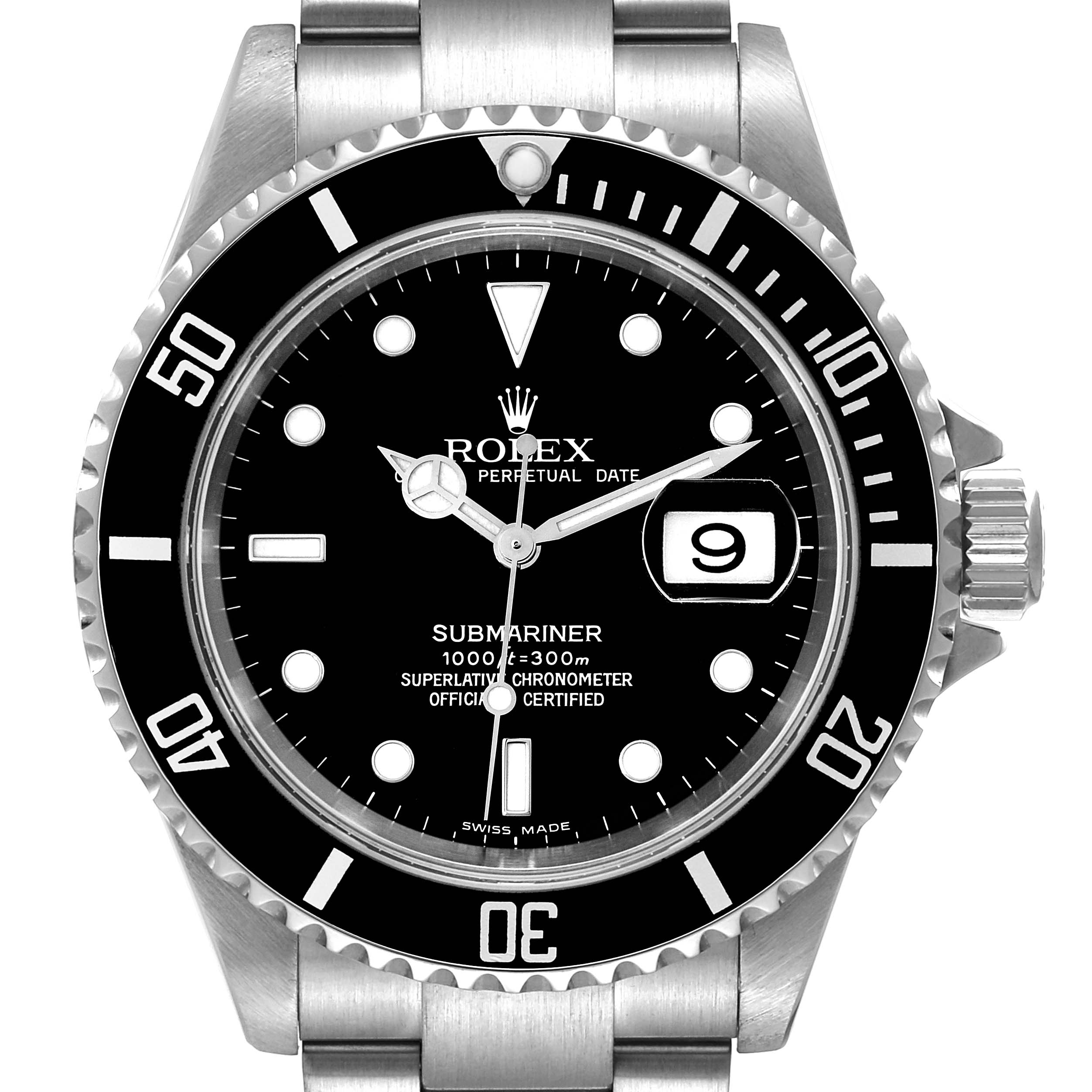 The Rolex Submariner 16610T Men's Stainless Steel Black Dial 16610T Men's Stainless Steel Black Dial watch is displayed from a front angle, showing the dial, bezel, crown, and part of the bracelet.