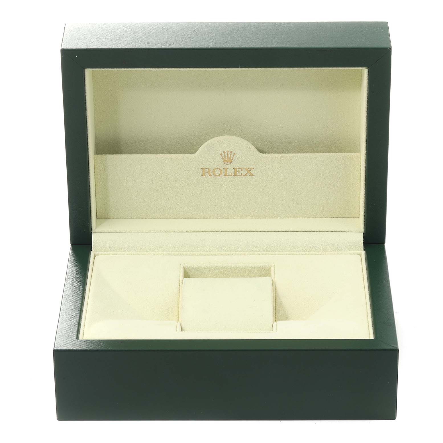 This image shows an open, empty Rolex watch box for the Submariner model, with a green exterior and beige interior.