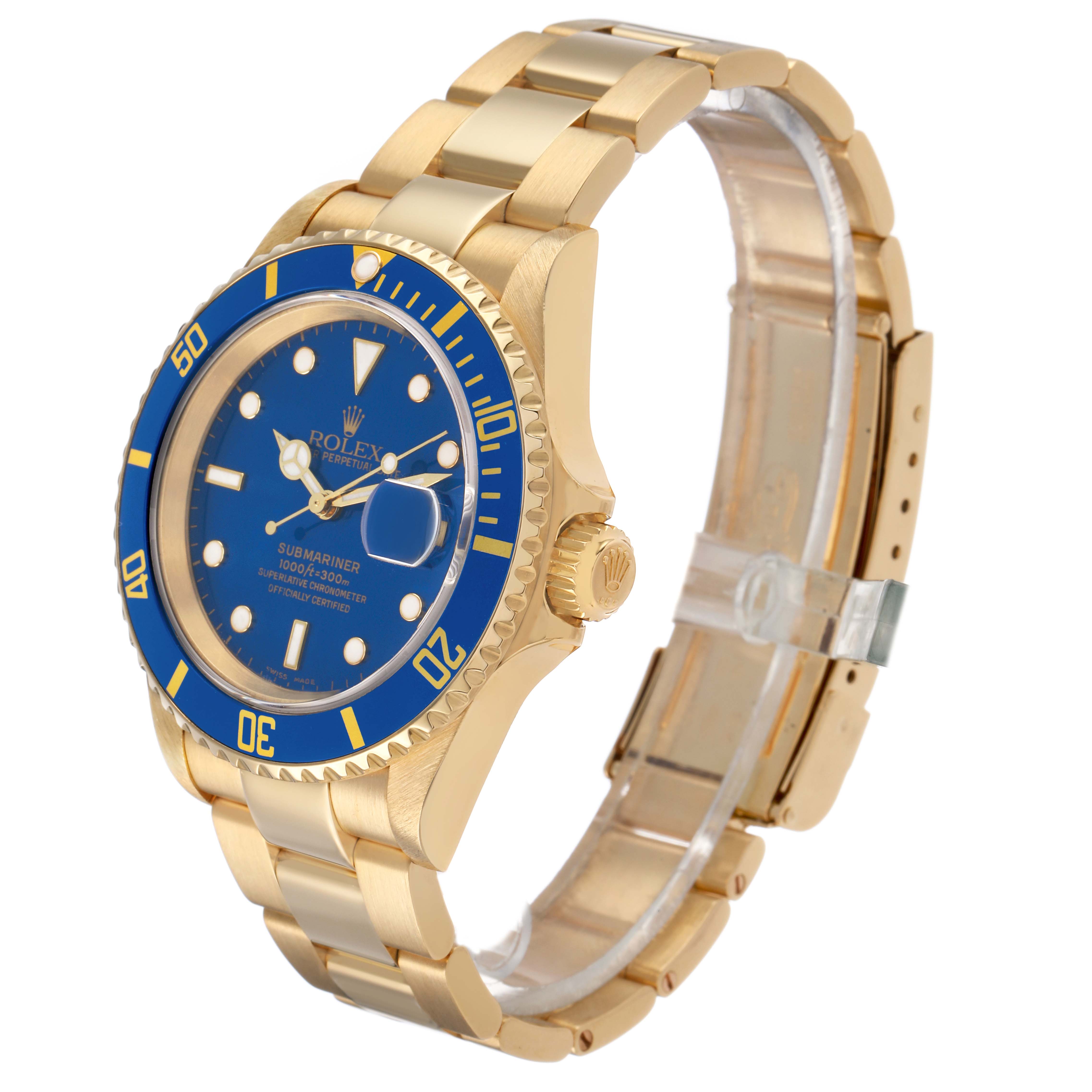 The Rolex Submariner 16618 Men's Yellow Gold Blue Dial watch is shown at a slight angle, highlighting the face, bezel, and part of the bracelet.