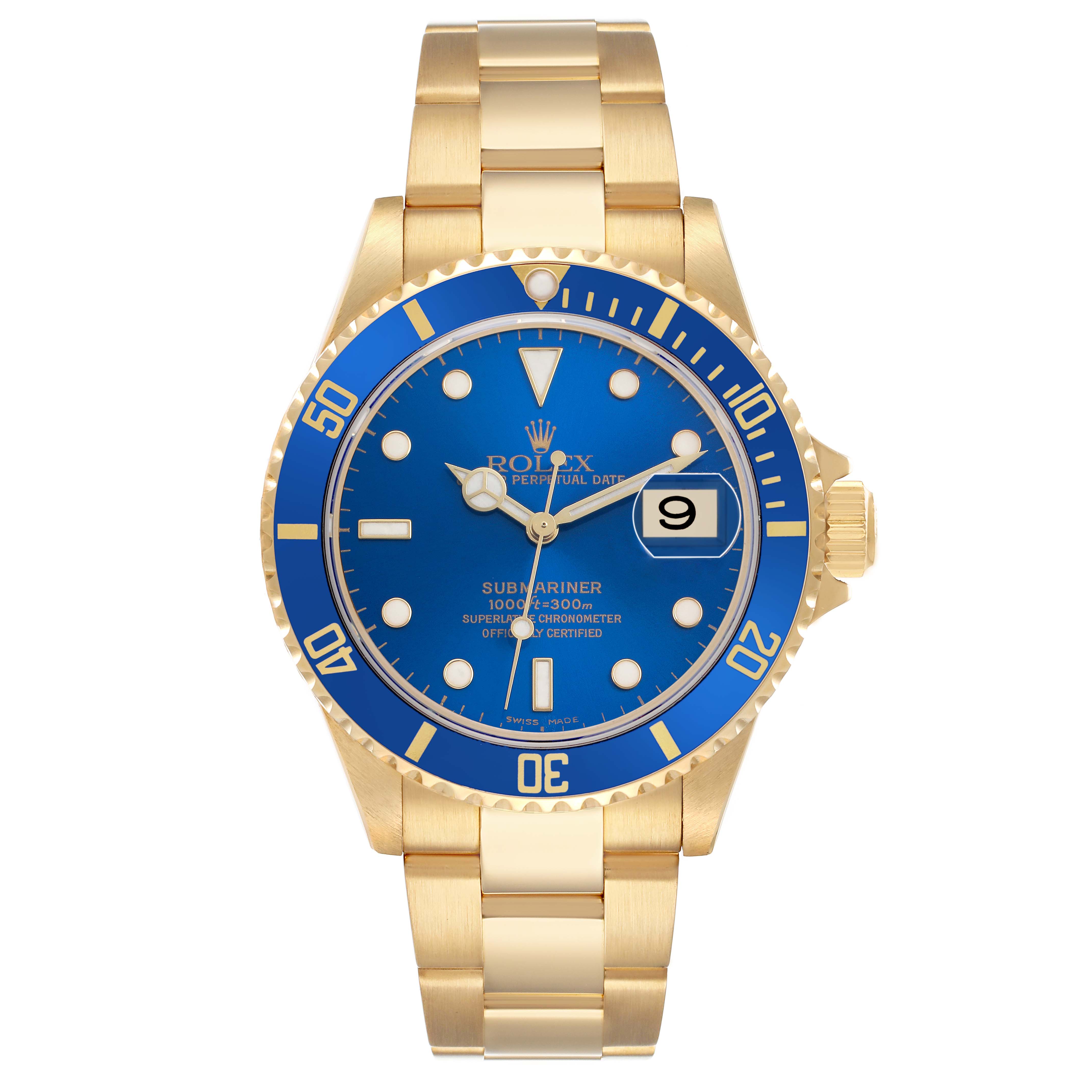 This image shows a Rolex Submariner 16618 Men's Yellow Gold Blue Dial watch from a front angle, displaying its blue dial, date window, and gold bracelet.