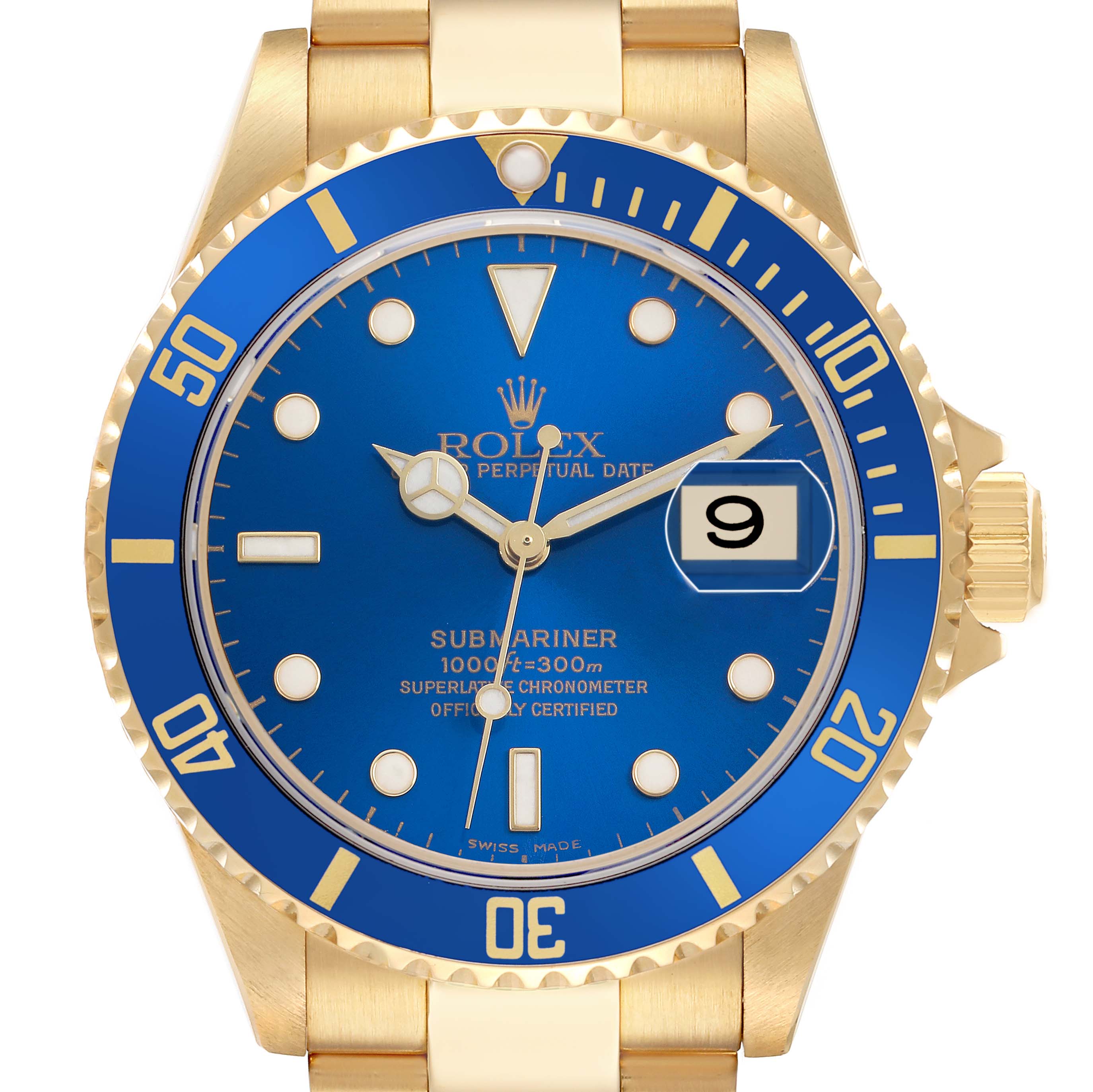 The image shows a front view of a Rolex Submariner 16618 Men's Yellow Gold Blue Dial, featuring a blue dial, gold case, bezel, and bracelet.