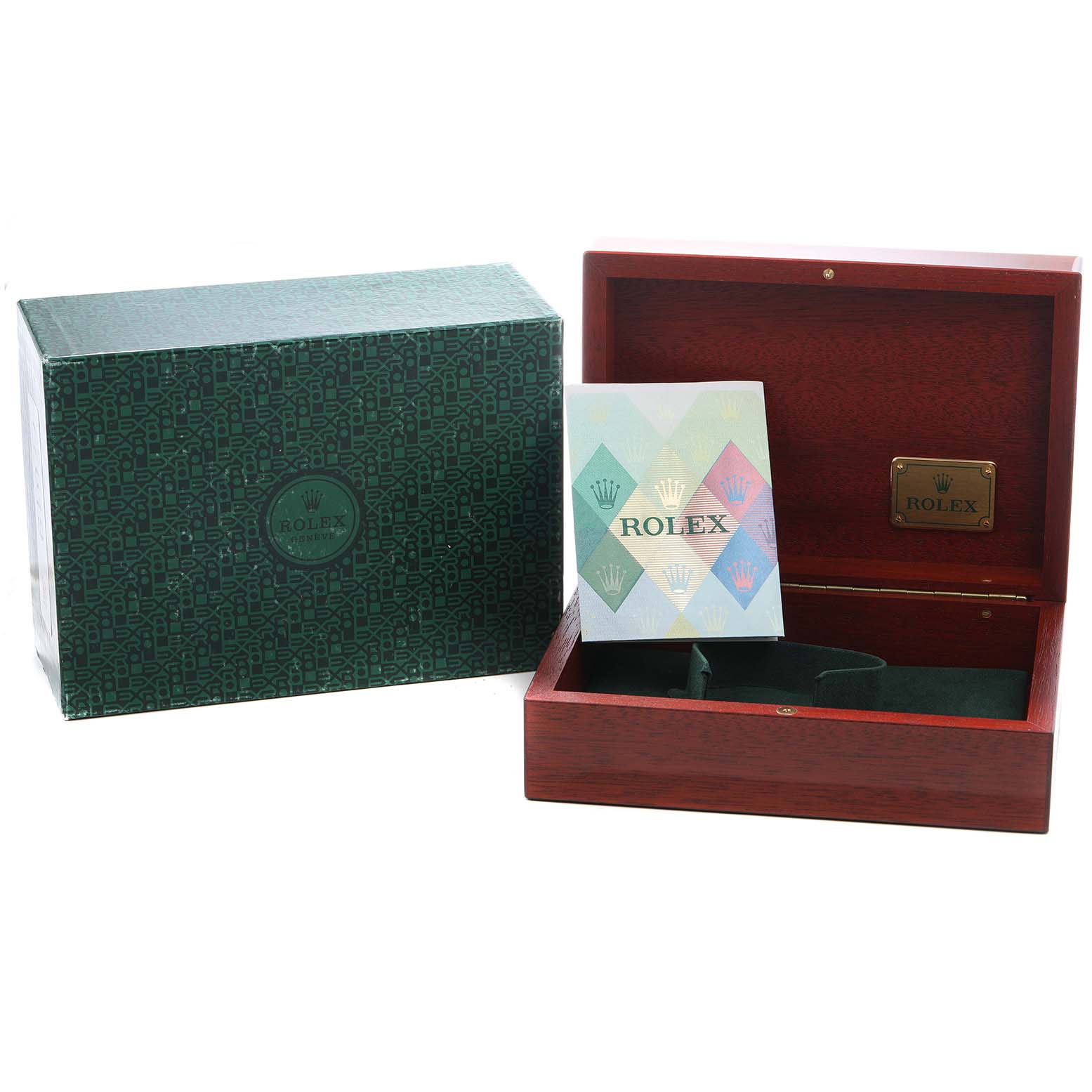 The image shows an empty Rolex Submariner 16618 Men's Yellow Gold Blue Dial box, open with a booklet inside and the outer protective box beside it.