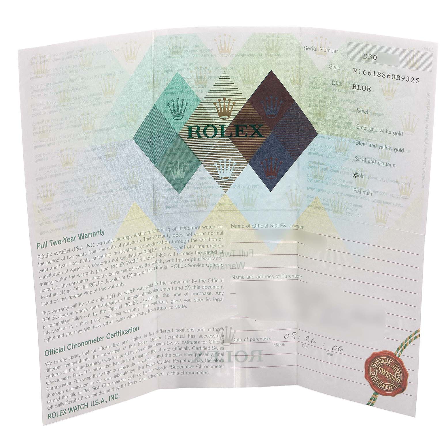 This image shows a warranty and certification paper for a Rolex Submariner 16618 Men's Yellow Gold Blue Dial watch.