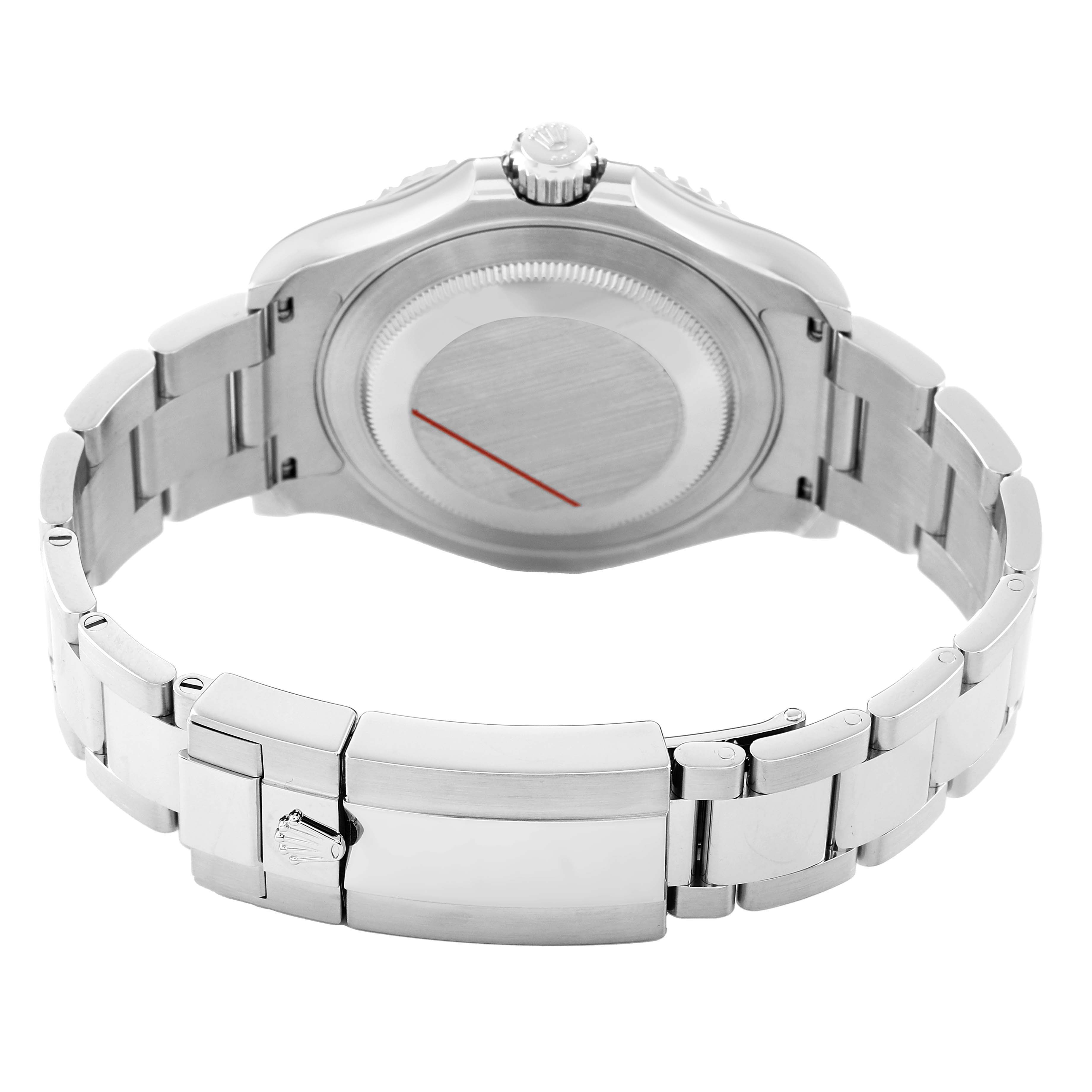 The Rolex Yacht-Master 116622 Men's Stainless Steel Blue Dial watch is shown from the back, highlighting the case back, bracelet, and clasp.