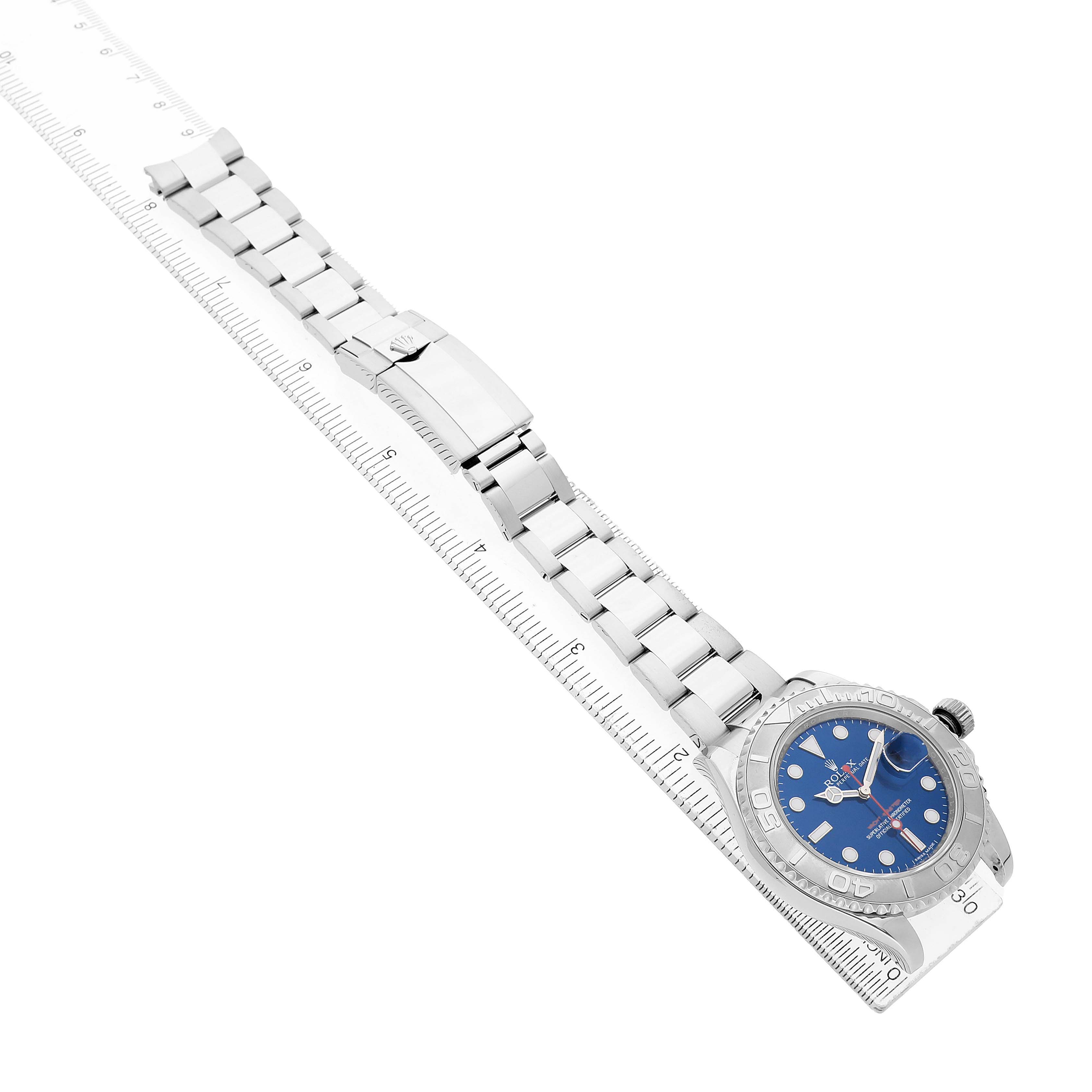The Rolex Yacht-Master 116622 Men's Stainless Steel Blue Dial watch is shown from an overhead angle, displaying the face, bezel, and full bracelet.