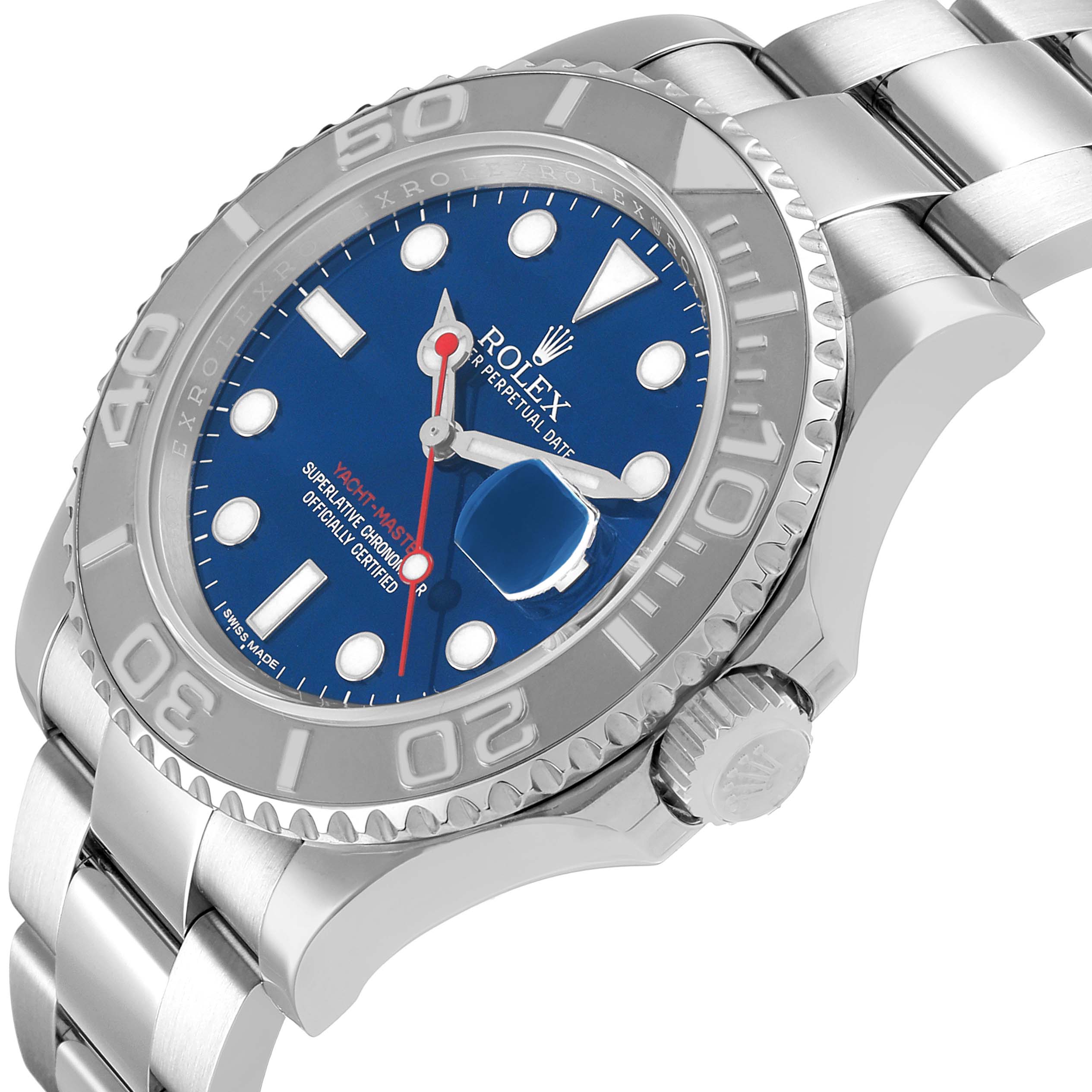 The Rolex Yacht-Master 116622 Men's Stainless Steel Blue Dial is shown at an angled close-up, displaying the bezel, crown, and part of the bracelet.