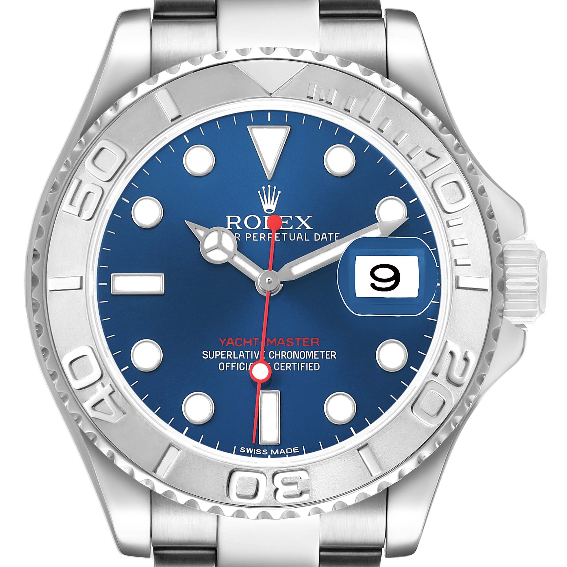 The Rolex Yacht-Master 116622 Men's Stainless Steel Blue Dial watch is shown from the front, displaying the dial, bezel, and part of the bracelet.