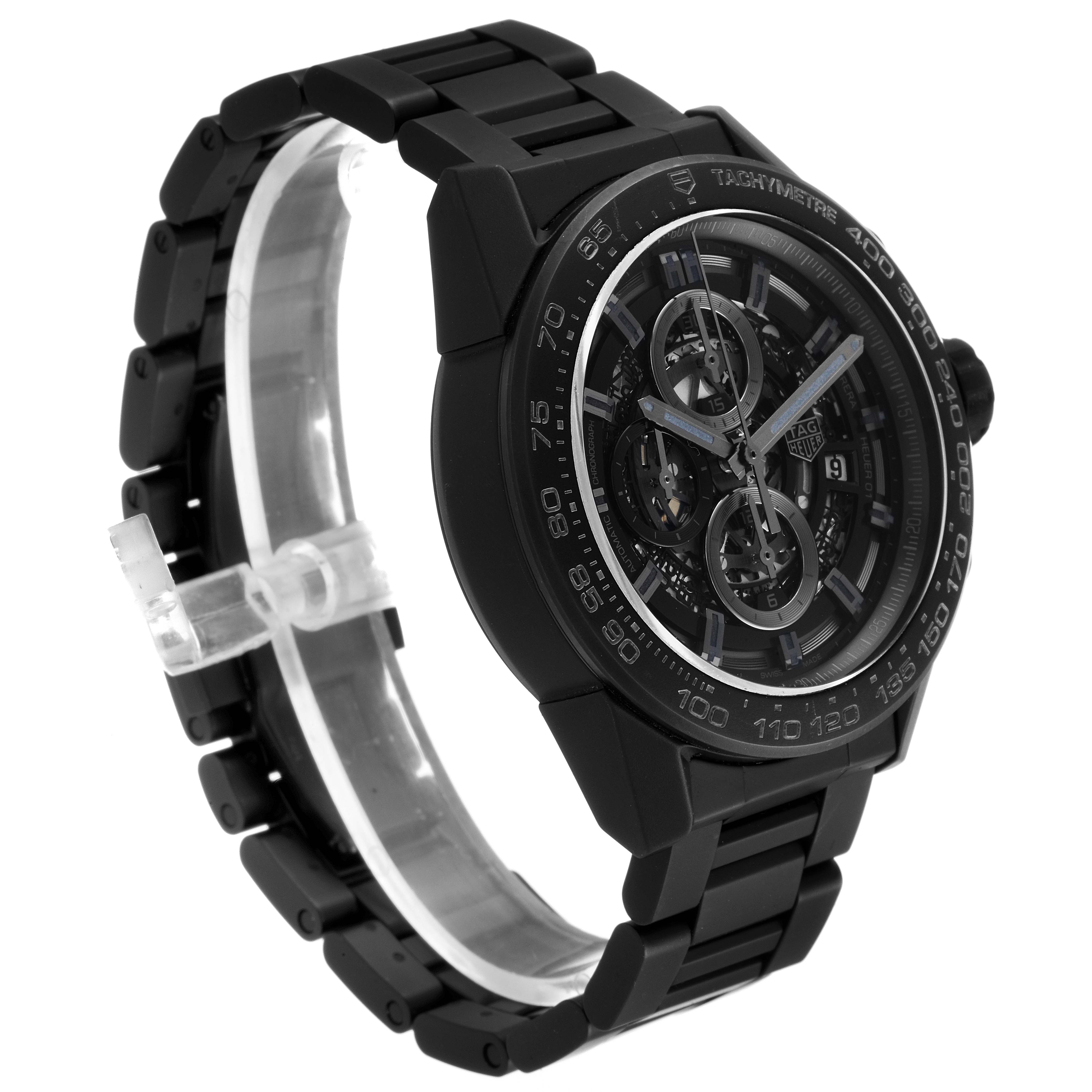 The image shows a Tag Heuer Carrera CAR2A91.BH0742 Men's Titanium Black Dial CAR2A91.BH0742 Men's Titanium Black Dial model watch from an angled side view, highlighting the face and part of the bracelet.