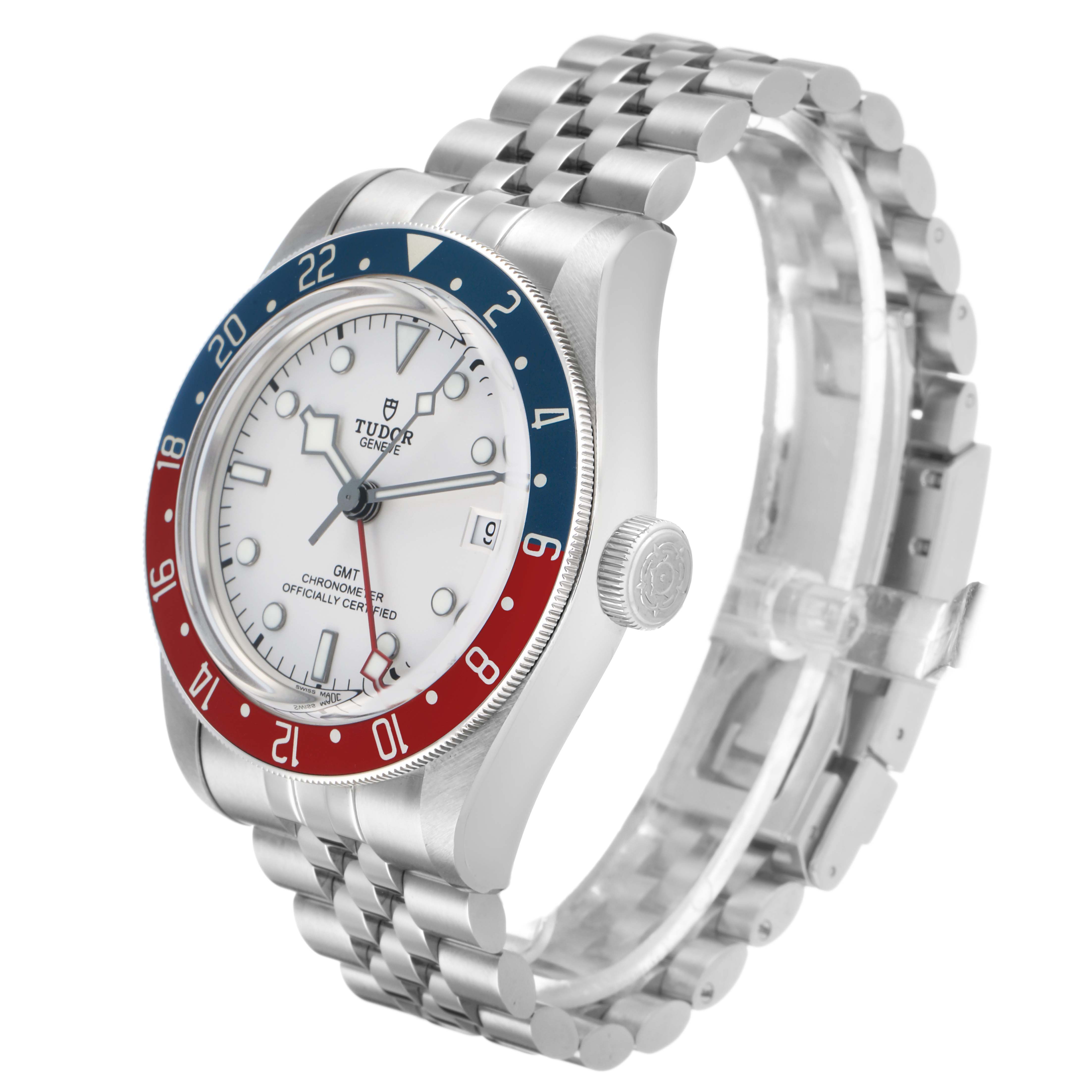 The Tudor Heritage Black Bay 79830RB Men's Stainless Steel Silver Dial watch is shown at a three-quarter angle, highlighting the face, bezel, crown, and bracelet.