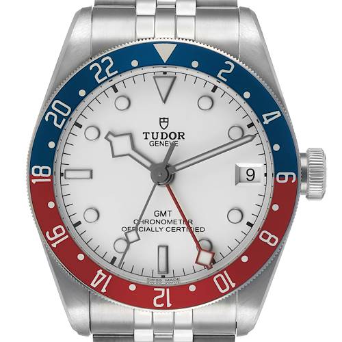 The Tudor Heritage Black Bay 79830RB Men's Stainless Steel Silver Dial watch is shown from the front, highlighting its dial, bezel, crown, and partial bracelet.