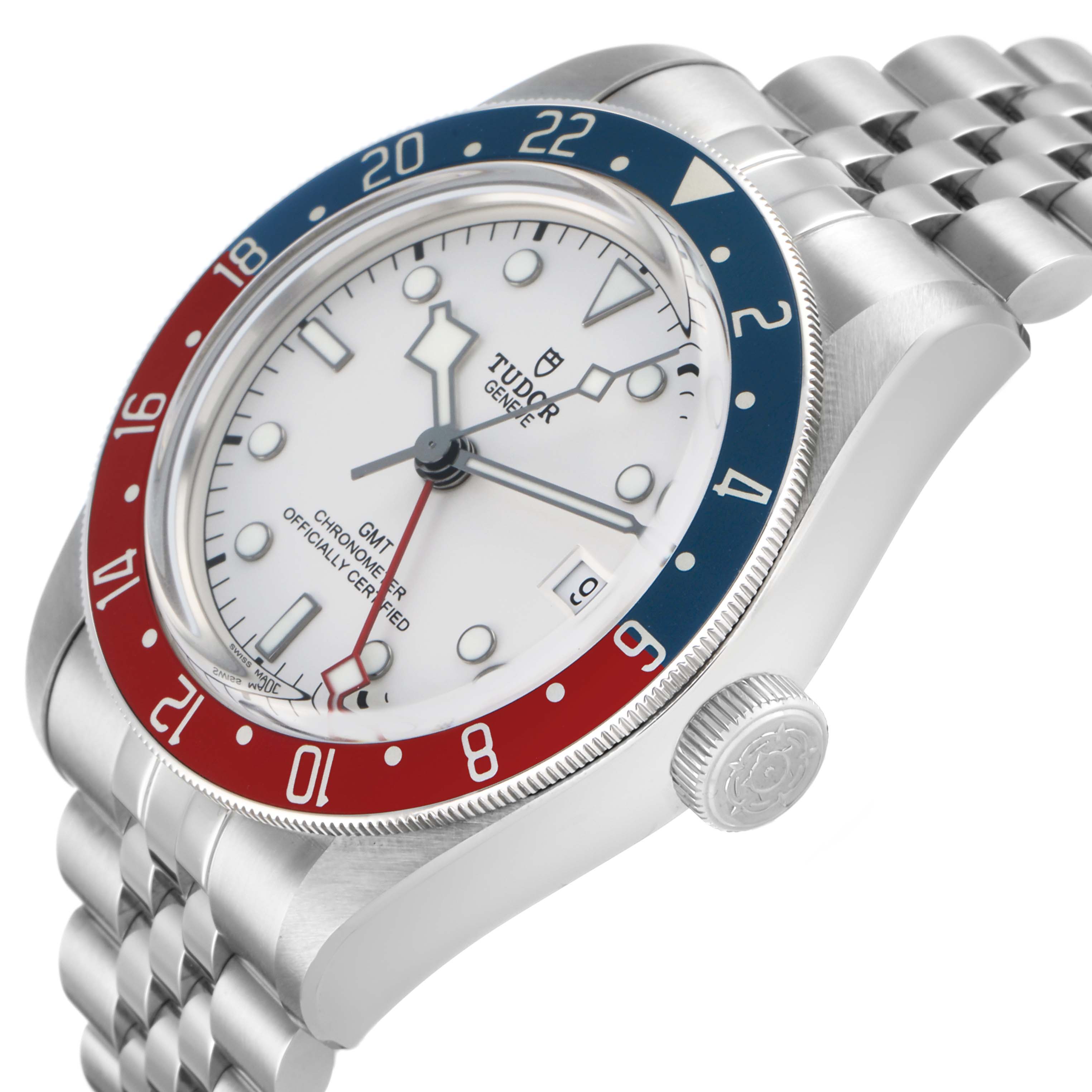 The Tudor Heritage Black Bay 79830RB Men's Stainless Steel Silver Dial watch is shown at an angled side view, displaying its bezel, face, bracelet, and crown.