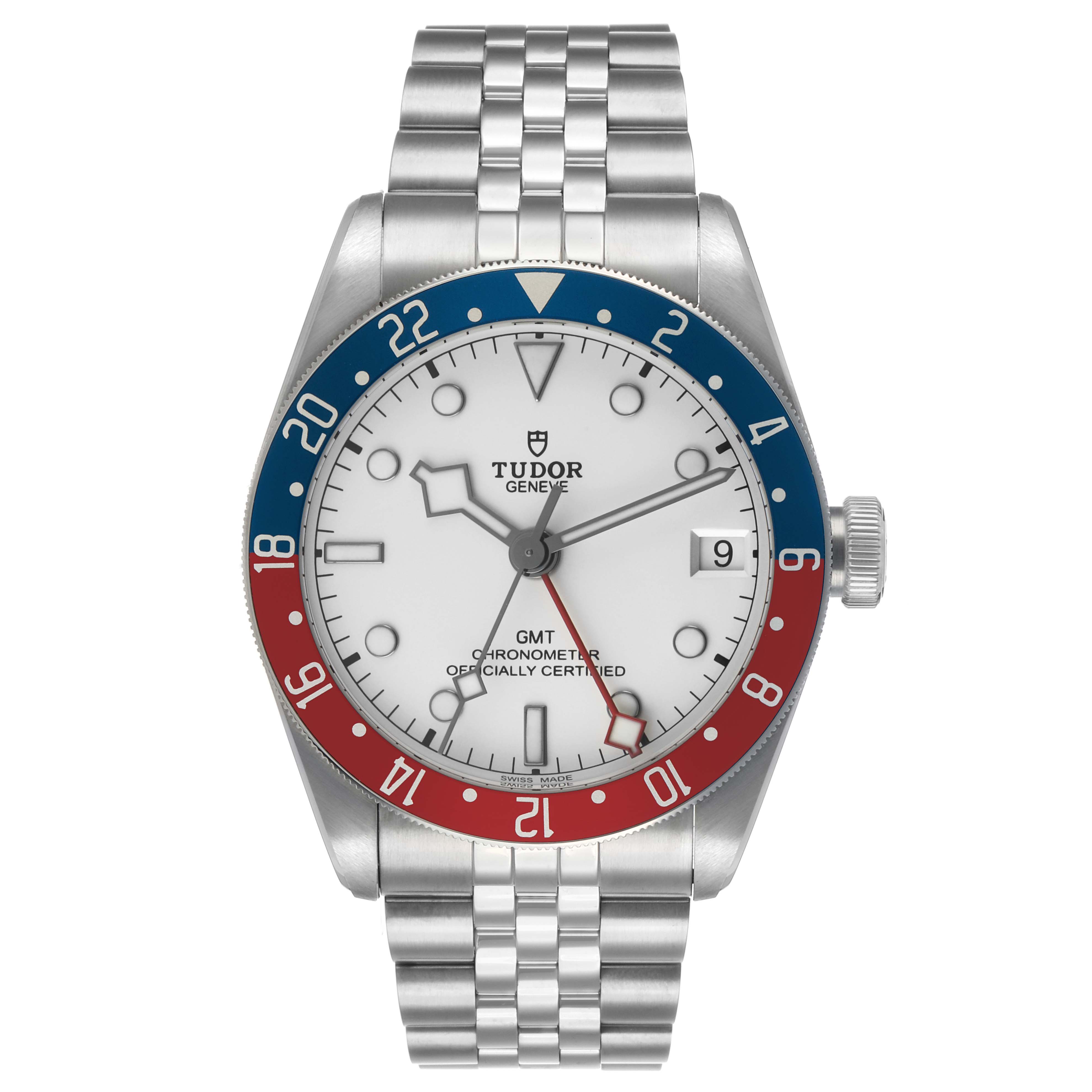 The Tudor Heritage Black Bay 79830RB Men's Stainless Steel Silver Dial watch is shown from the front, displaying the dial, bezel, and bracelet.