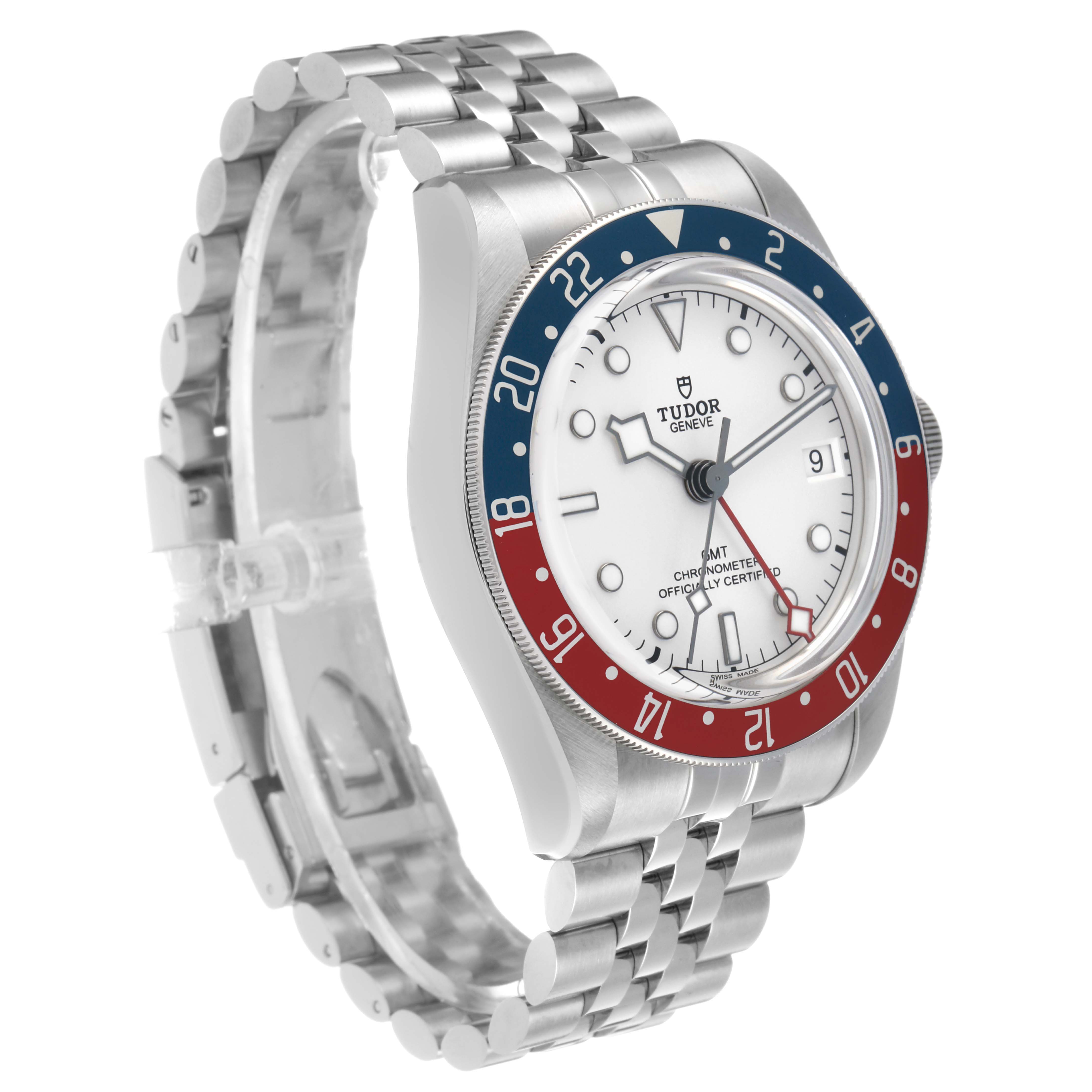 The image shows the Tudor Heritage Black Bay 79830RB Men's Stainless Steel Silver Dial watch at a three-quarter angle, highlighting the bezel, dial, and bracelet.