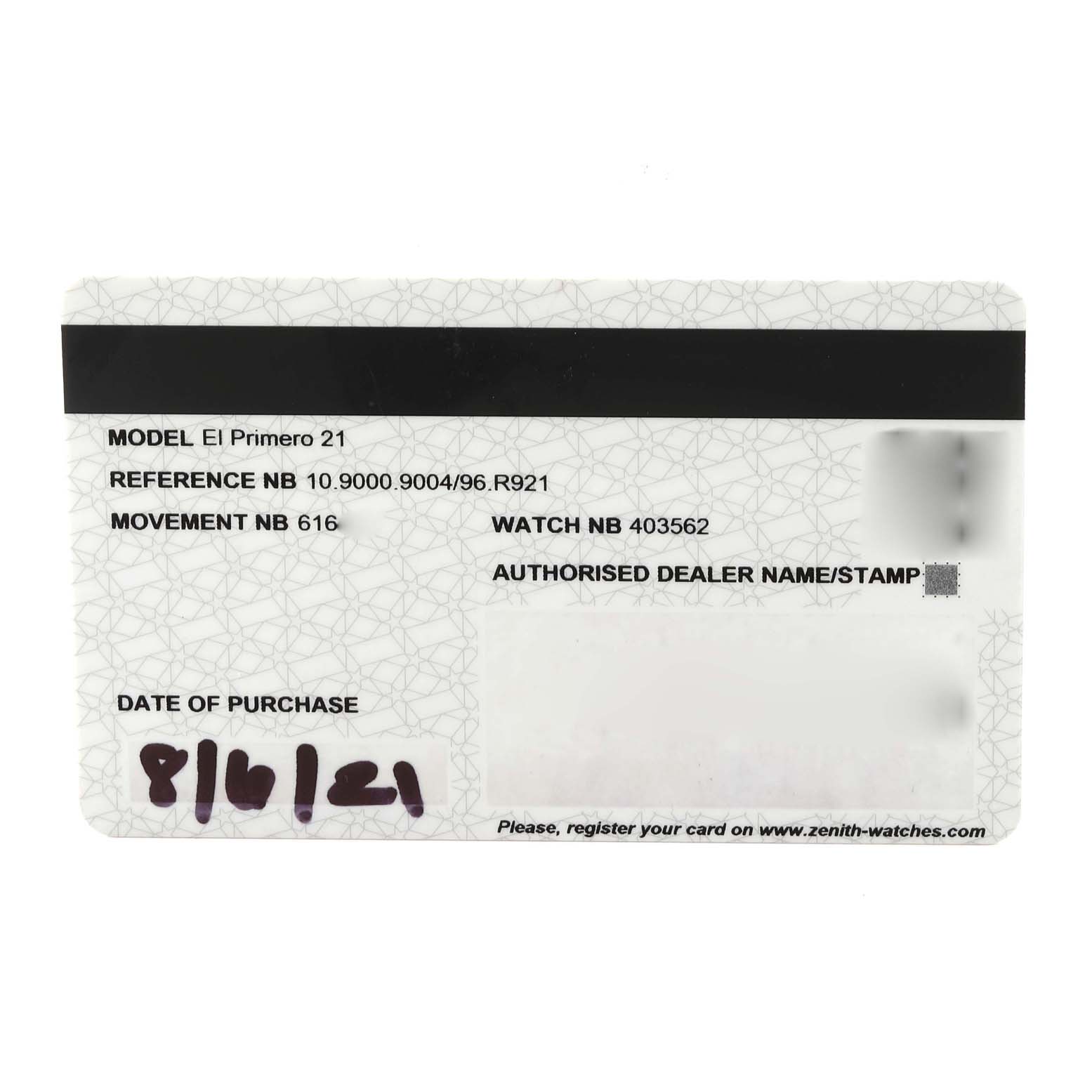 Shown is a warranty card for the Zenith Defy 10.9000.9004/96.R921 Men's Titanium Black Dial 10.9000.9004/96.R921 Men's Titanium Black Dial El Primero 21 watch.