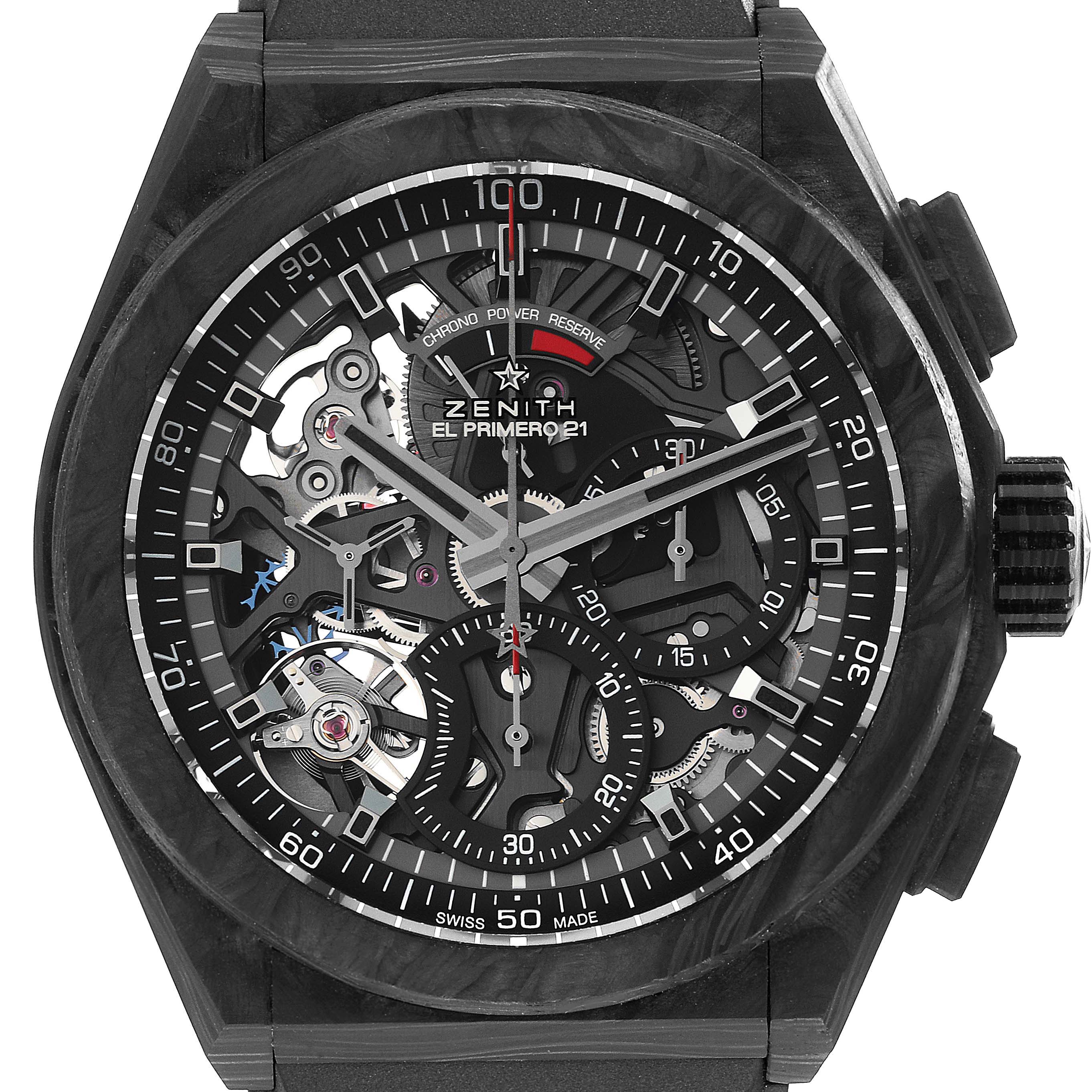 The image depicts a Zenith Defy 10.9000.9004/96.R921 Men's Titanium Black Dial 10.9000.9004/96.R921 Men's Titanium Black Dial El Primero 21 watch shown from a direct front angle highlighting its intricate dial and features.