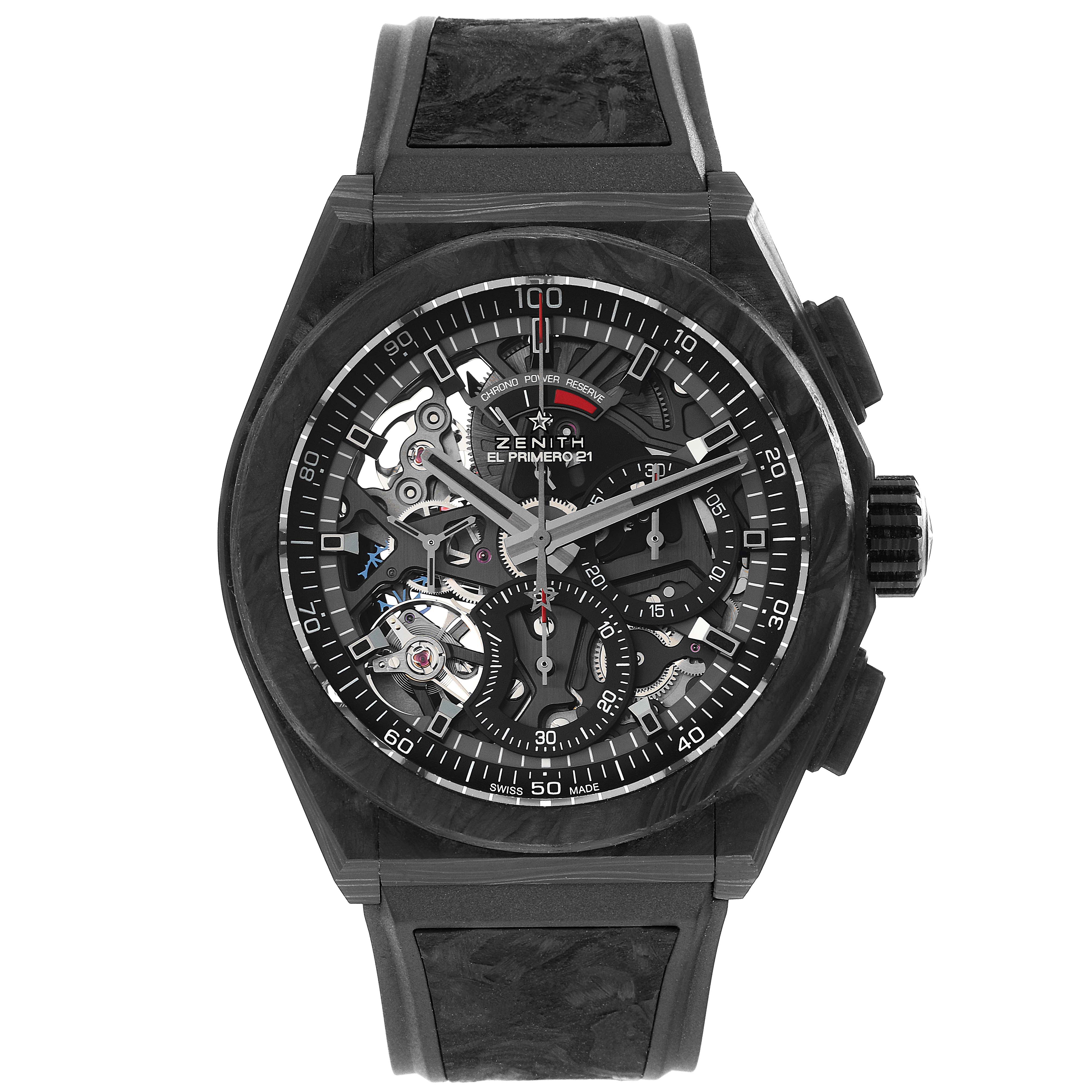 This image shows a front view of the Zenith Defy 10.9000.9004/96.R921 Men's Titanium Black Dial 10.9000.9004/96.R921 Men's Titanium Black Dial watch, highlighting its dial, hands, hour markers, and strap.