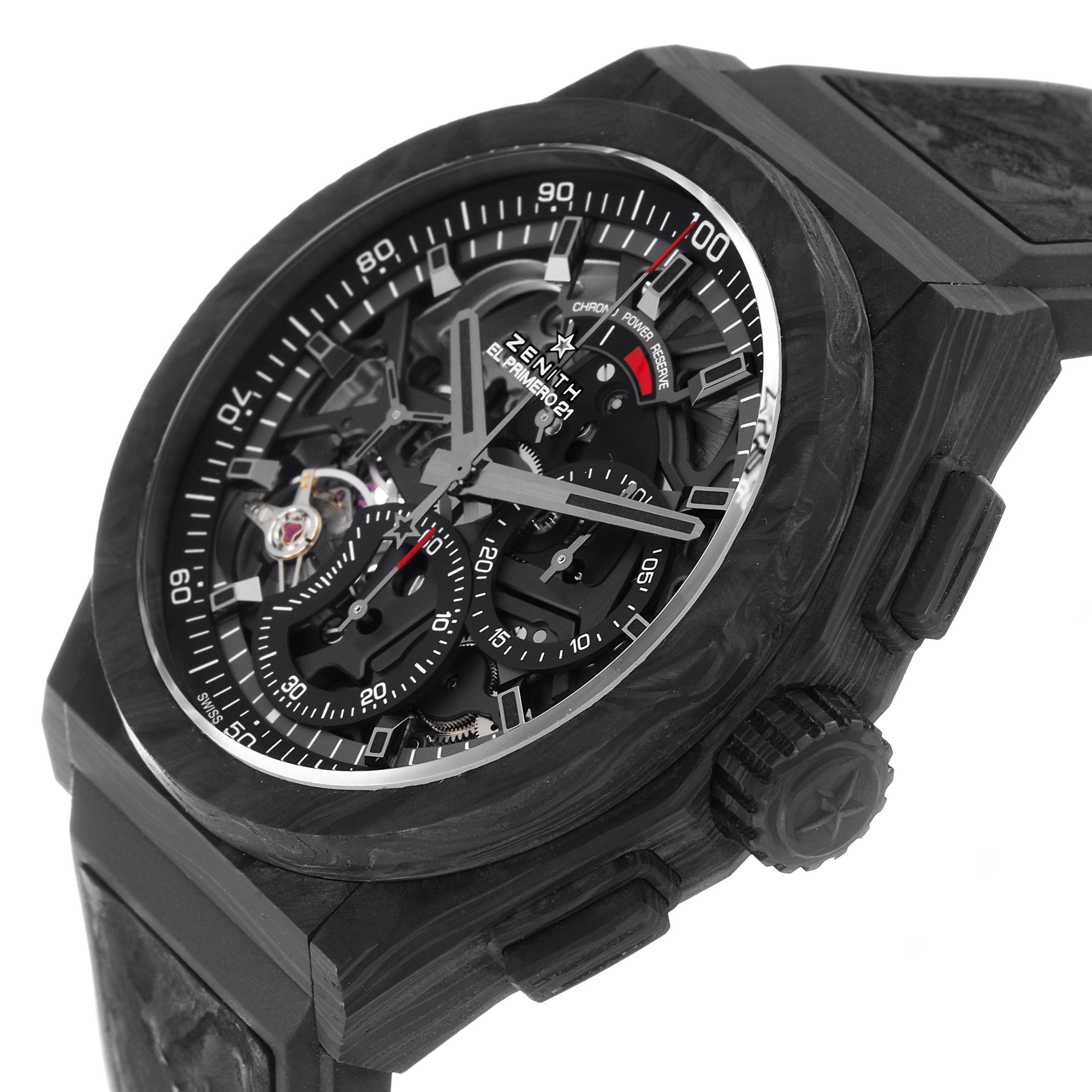 The image shows a Zenith Defy 10.9000.9004/96.R921 Men's Titanium Black Dial 10.9000.9004/96.R921 Men's Titanium Black Dial watch at an angled close-up view, highlighting the dial, crown, and part of the strap.