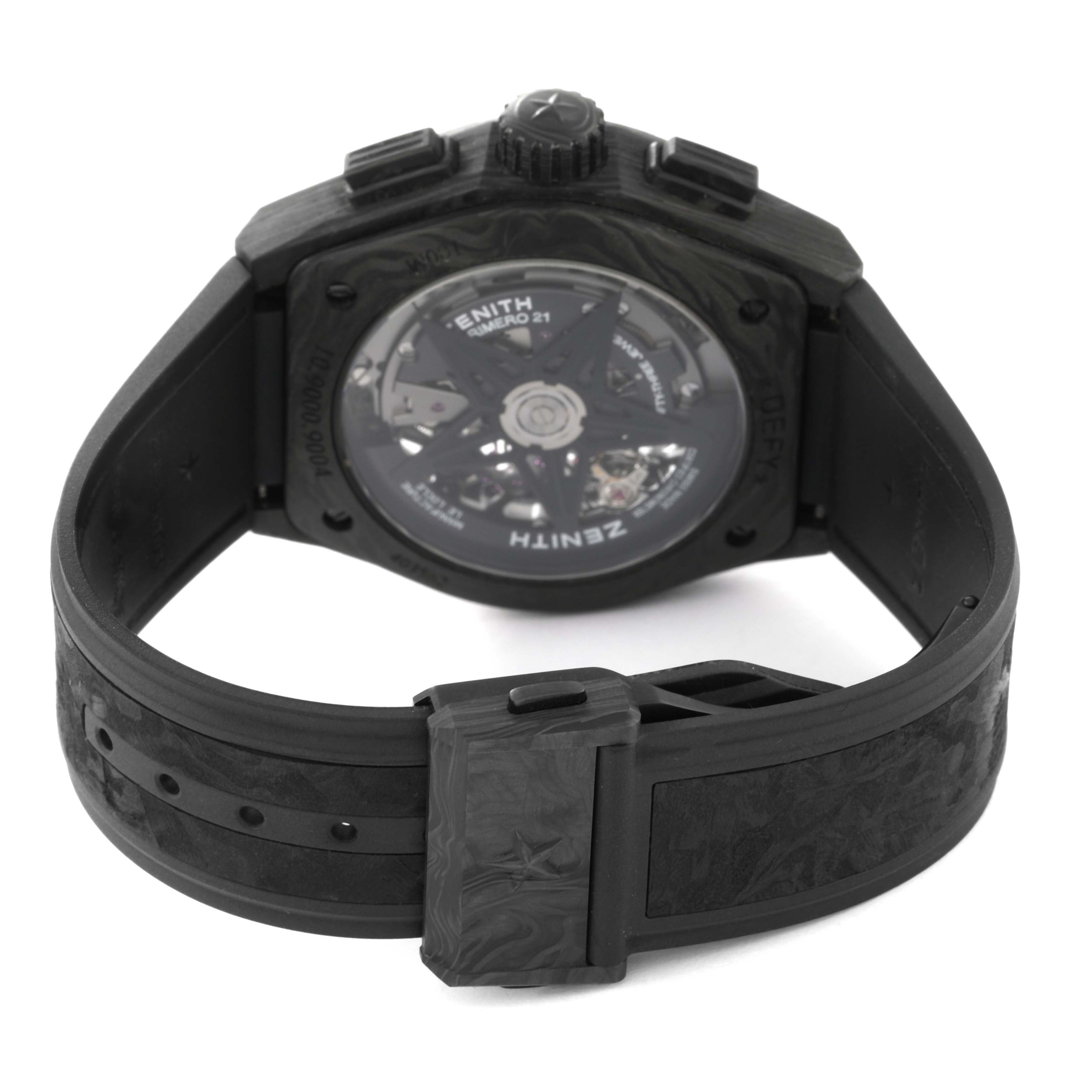 The image shows the back view of a Zenith Defy 10.9000.9004/96.R921 Men's Titanium Black Dial 10.9000.9004/96.R921 Men's Titanium Black Dial watch, highlighting its movement and strap buckle.