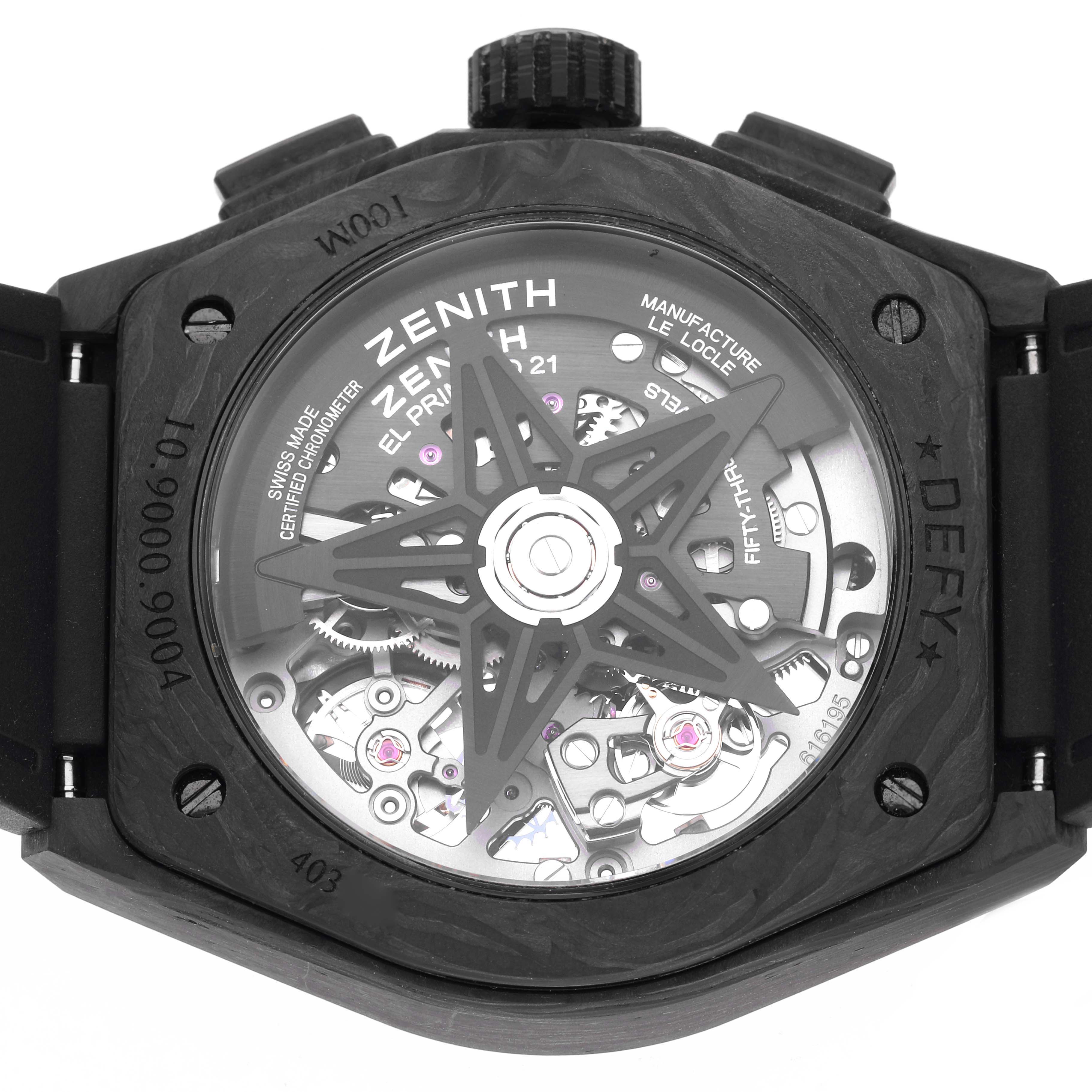 The image shows the back view of a Zenith Defy 10.9000.9004/96.R921 Men's Titanium Black Dial 10.9000.9004/96.R921 Men's Titanium Black Dial watch, featuring its detailed open-worked movement and rotor.