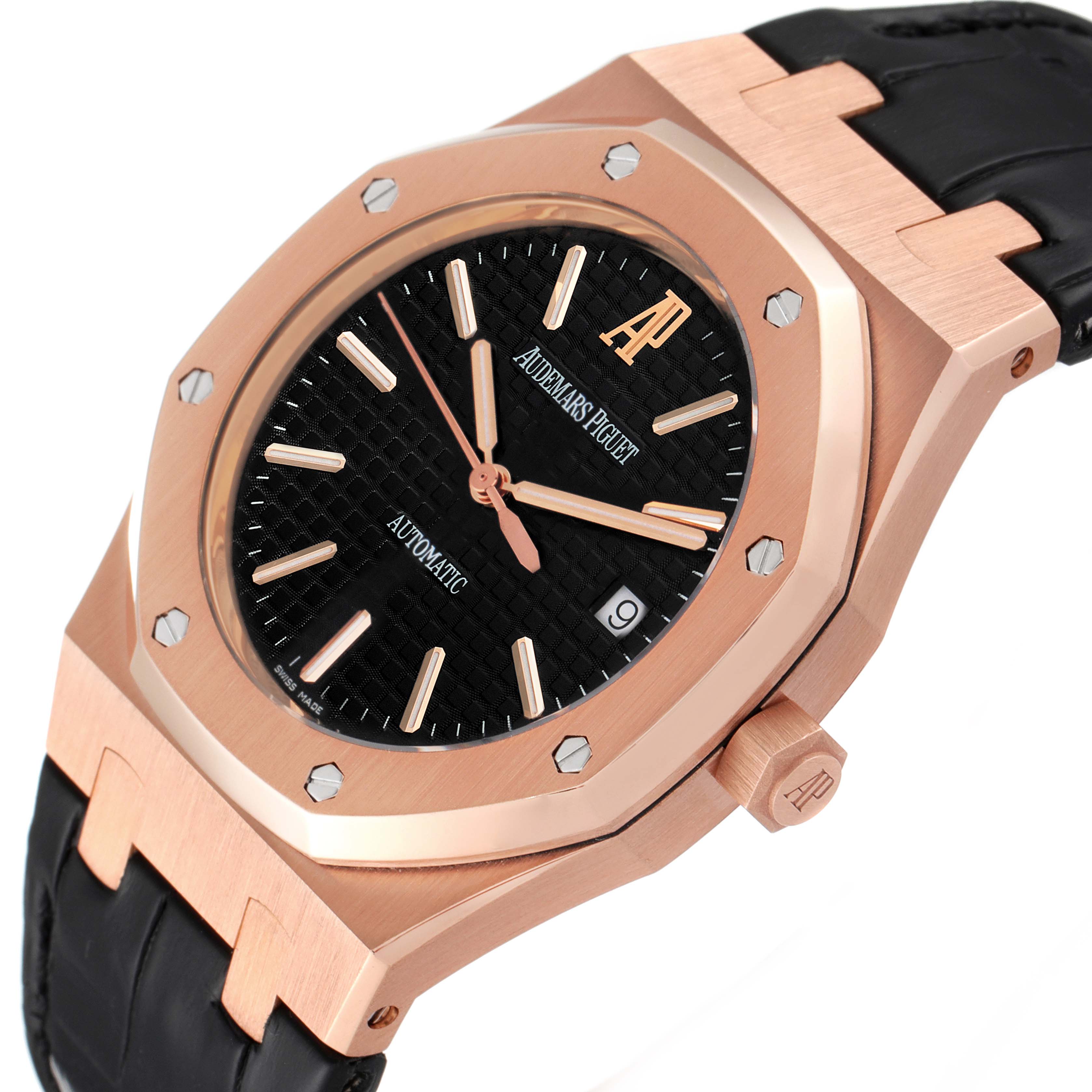 This image shows an angled view of an Audemars Piguet Royal Oak 15300OR.OO.D002CR.01 Men's Rose Gold Black Dial 15300OR.OO.D002CR.01 Men's Rose Gold Black Dial watch, highlighting the bezel, dial, date window, and part of the strap.
