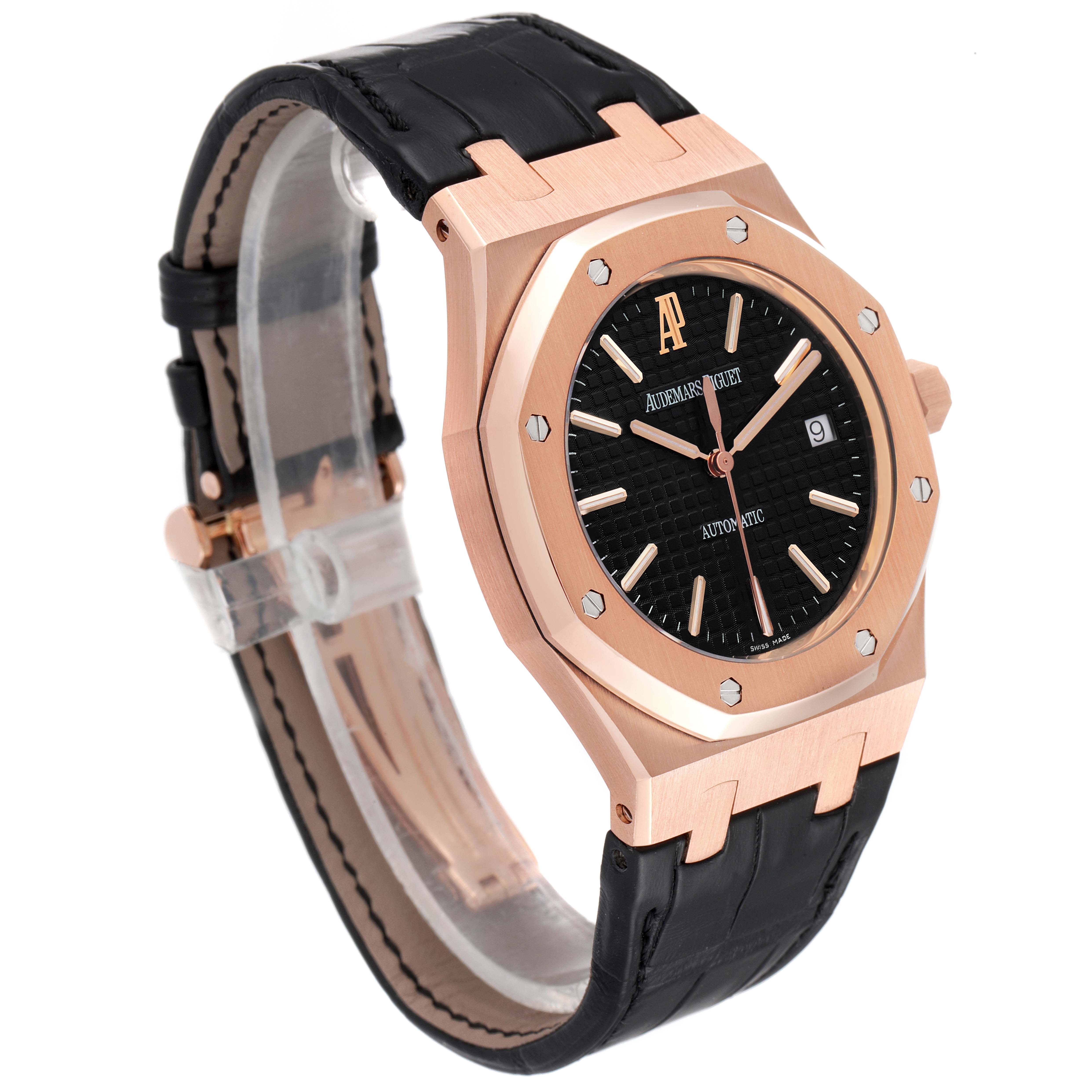 This image shows a front and angled view of the Audemars Piguet Royal Oak 15300OR.OO.D002CR.01 Men's Rose Gold Black Dial 15300OR.OO.D002CR.01 Men's Rose Gold Black Dial watch, highlighting its face, bezel, and leather strap.