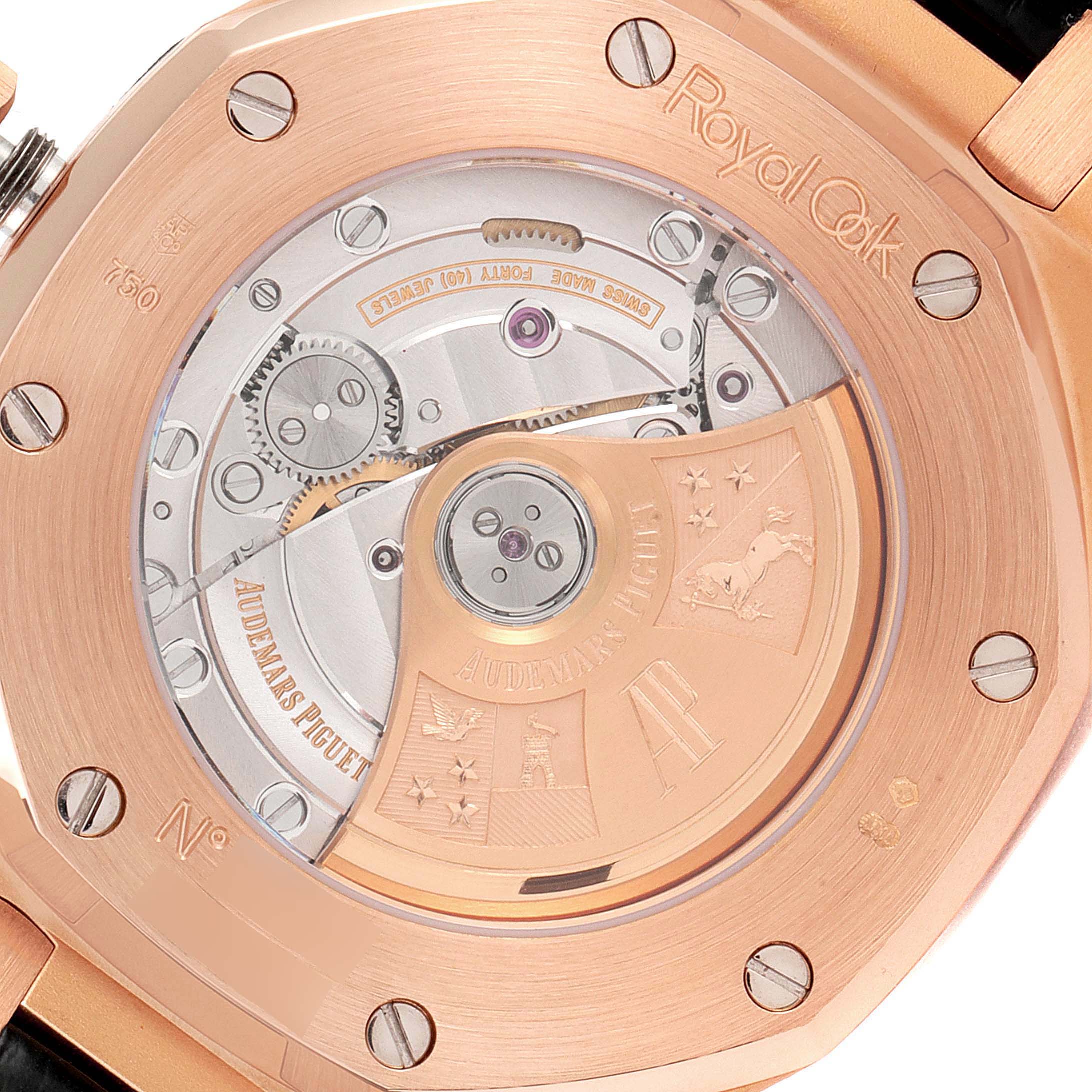 This image shows the back view of an Audemars Piguet Royal Oak 15300OR.OO.D002CR.01 Men's Rose Gold Black Dial 15300OR.OO.D002CR.01 Men's Rose Gold Black Dial watch, highlighting its intricate movement and rotor.