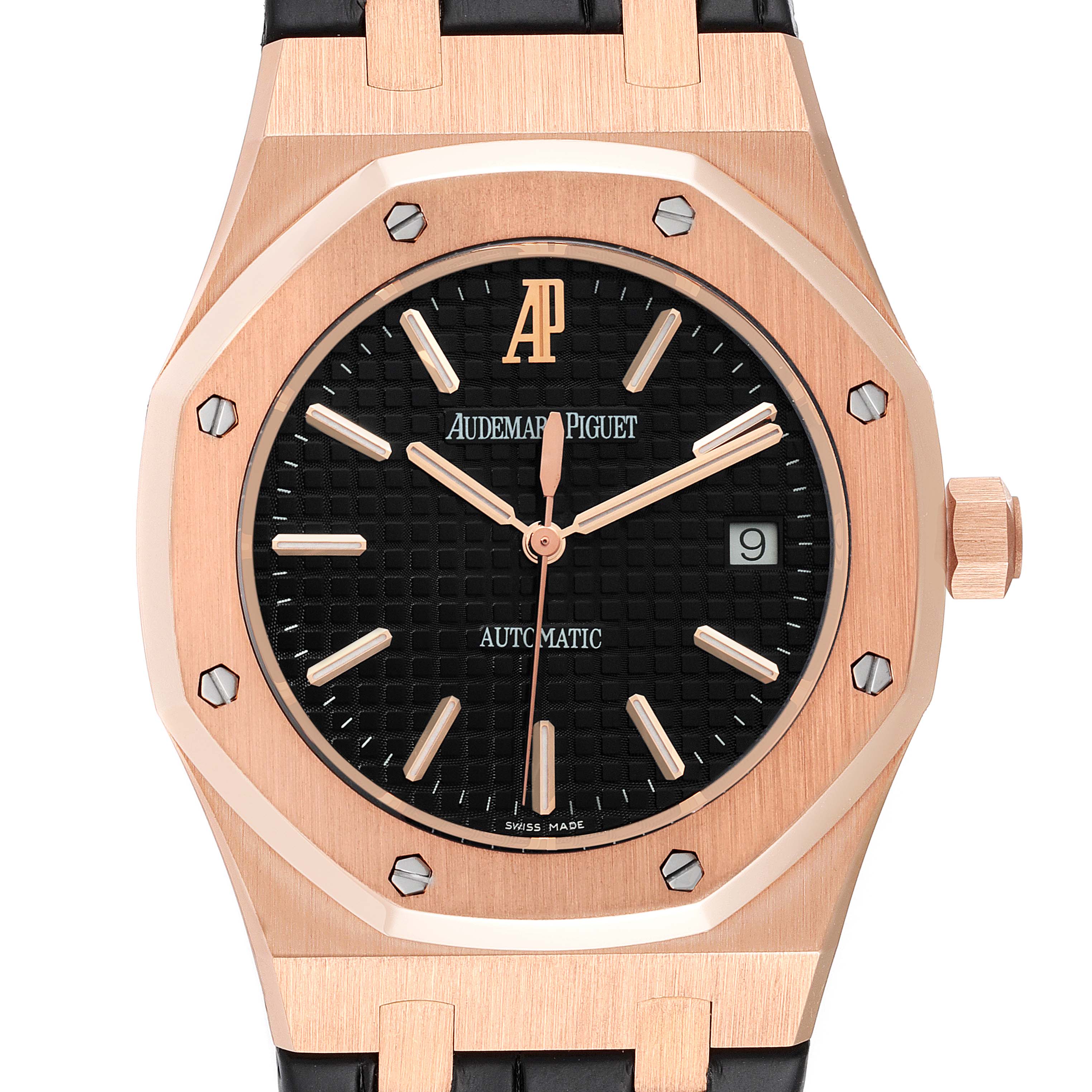 This image shows a frontal view of an Audemars Piguet Royal Oak 15300OR.OO.D002CR.01 Men's Rose Gold Black Dial 15300OR.OO.D002CR.01 Men's Rose Gold Black Dial watch, highlighting its octagonal bezel, black dial, and date window.