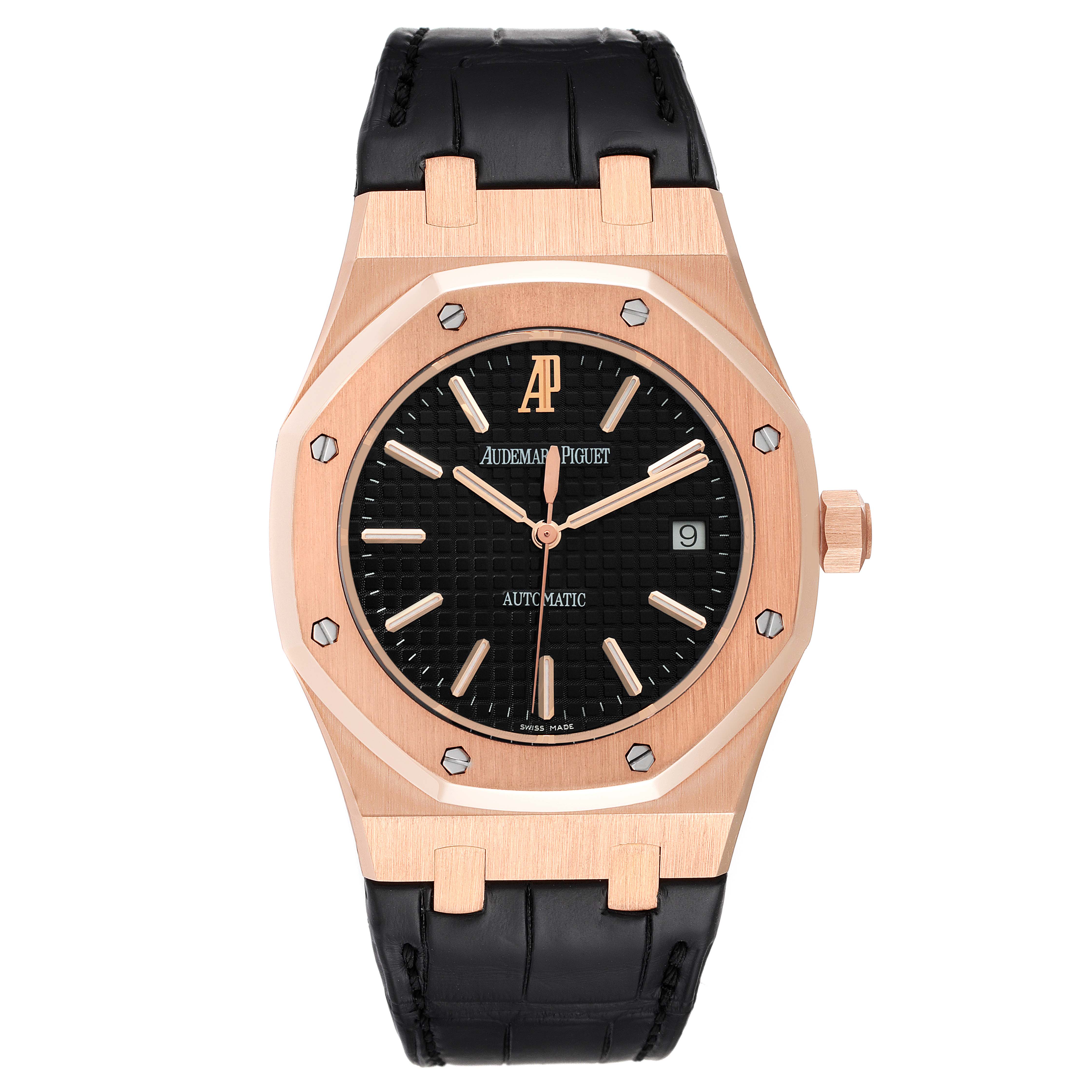 The image shows a front view of an Audemars Piguet Royal Oak 15300OR.OO.D002CR.01 Men's Rose Gold Black Dial 15300OR.OO.D002CR.01 Men's Rose Gold Black Dial watch, highlighting its black dial, rose gold case, and black leather strap.