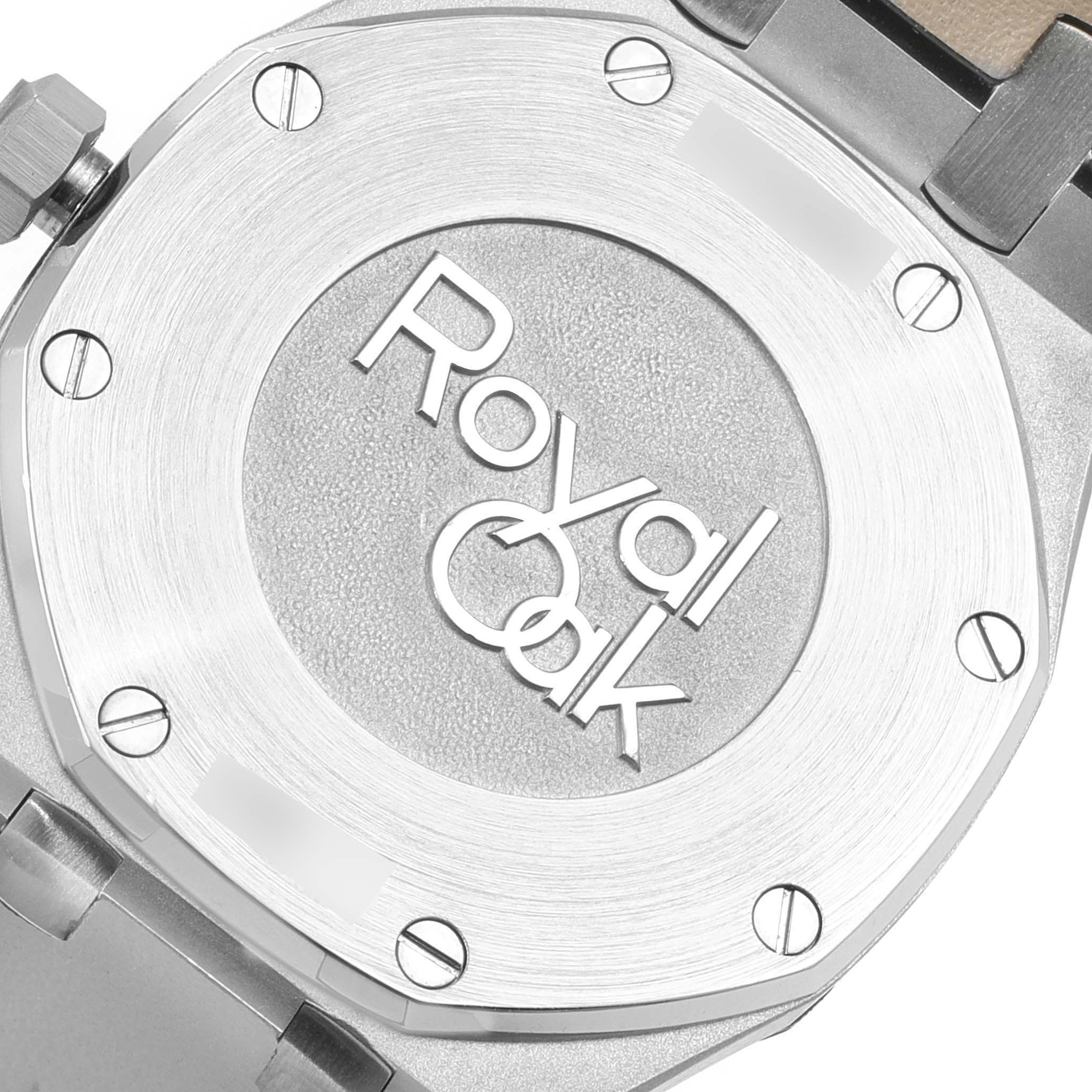 This image shows the case back and part of the bracelet of the Audemars Piguet Royal Oak 67651ST.ZZ.D002CR.01 Women's Stainless Steel Black Dial 67651ST.ZZ.D002CR.01 Women's Stainless Steel Black Dial watch.