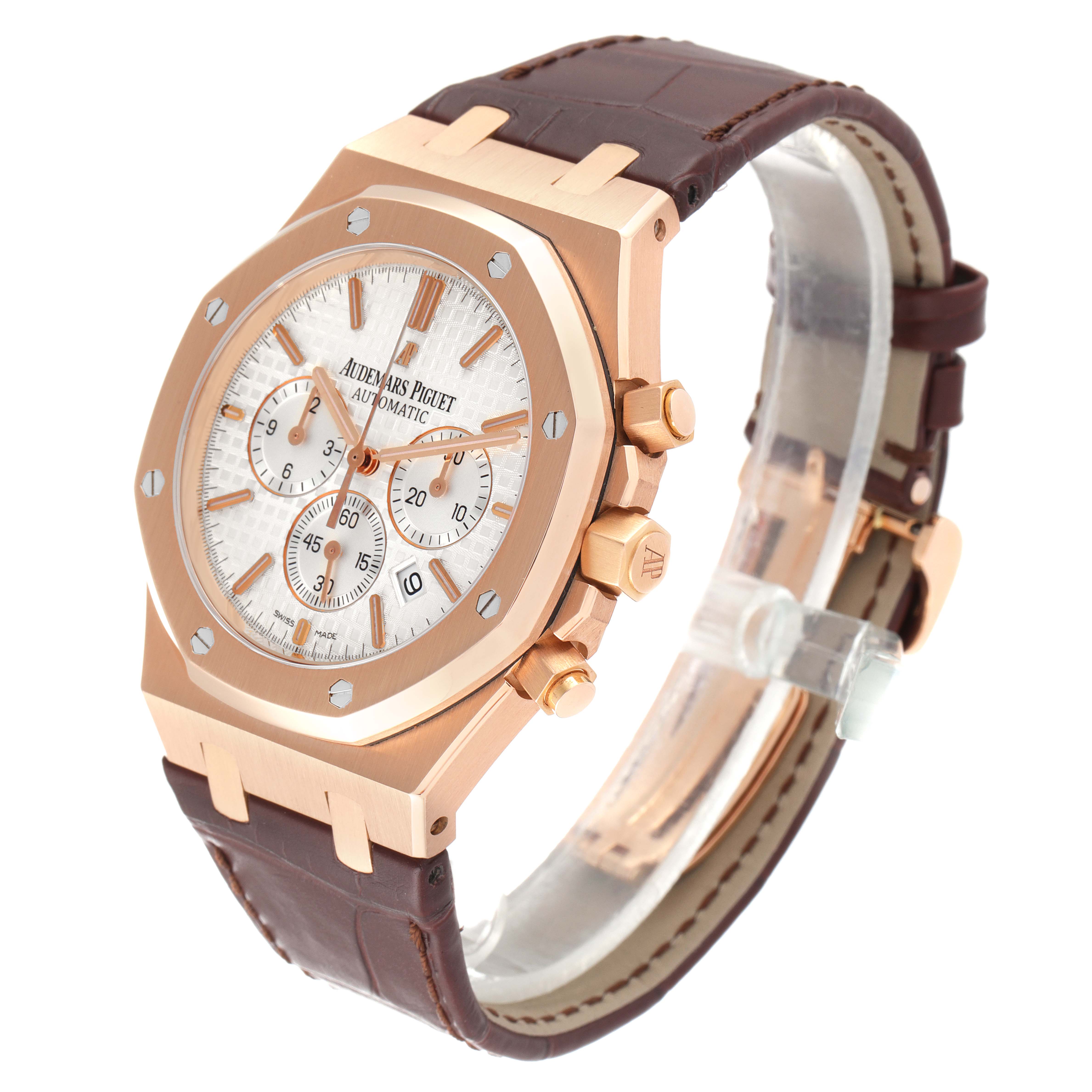 The image shows a side view of an Audemars Piguet Royal Oak 26320OR.OO.D088CR.01 Men's Rose Gold Silver Dial 26320OR.OO.D088CR.01 Men's Rose Gold Silver Dial watch, highlighting the face, bezel, side buttons, and leather strap.