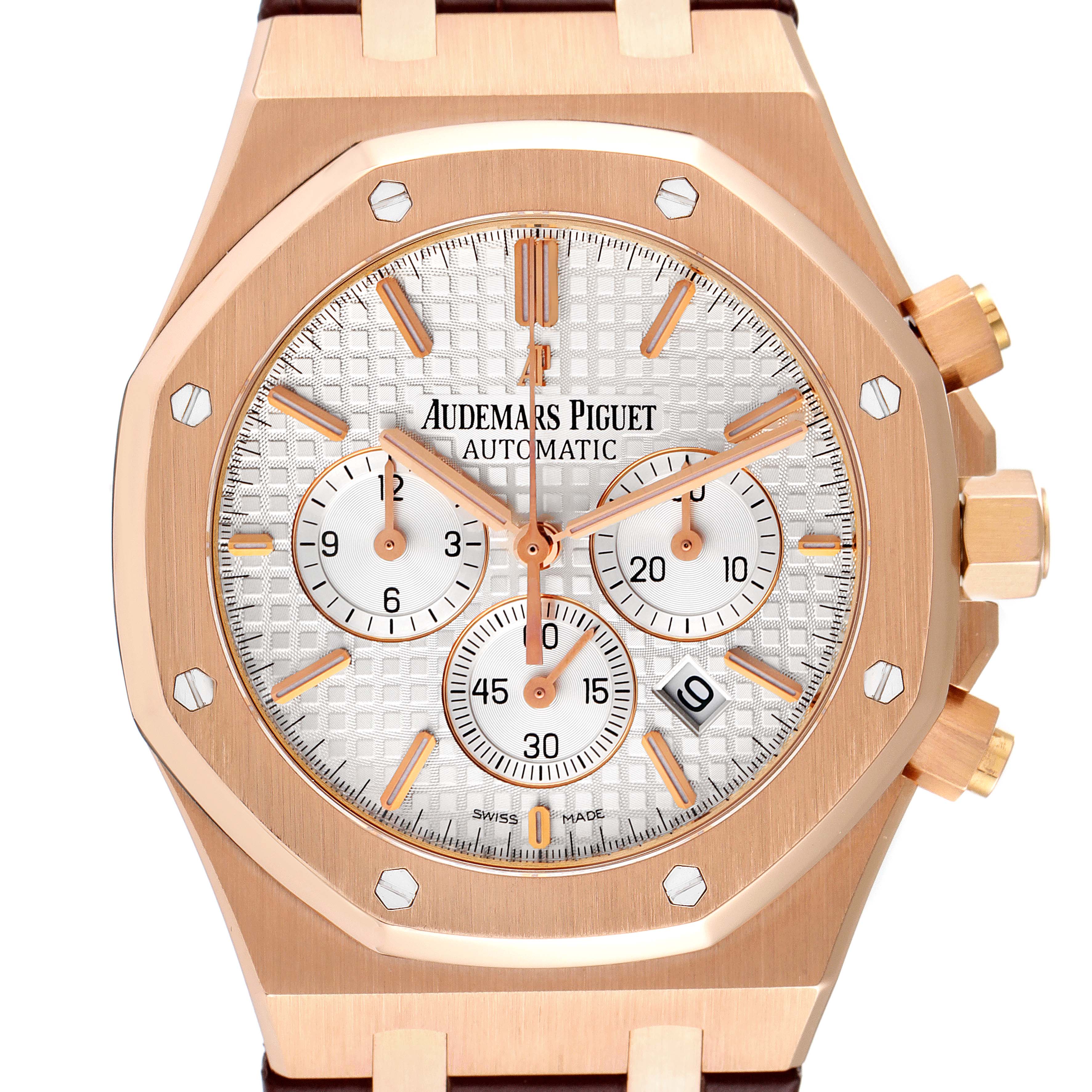 The image shows a close-up, front-facing view of the Audemars Piguet Royal Oak 26320OR.OO.D088CR.01 Men's Rose Gold Silver Dial 26320OR.OO.D088CR.01 Men's Rose Gold Silver Dial watch, displaying the dial and bezel.