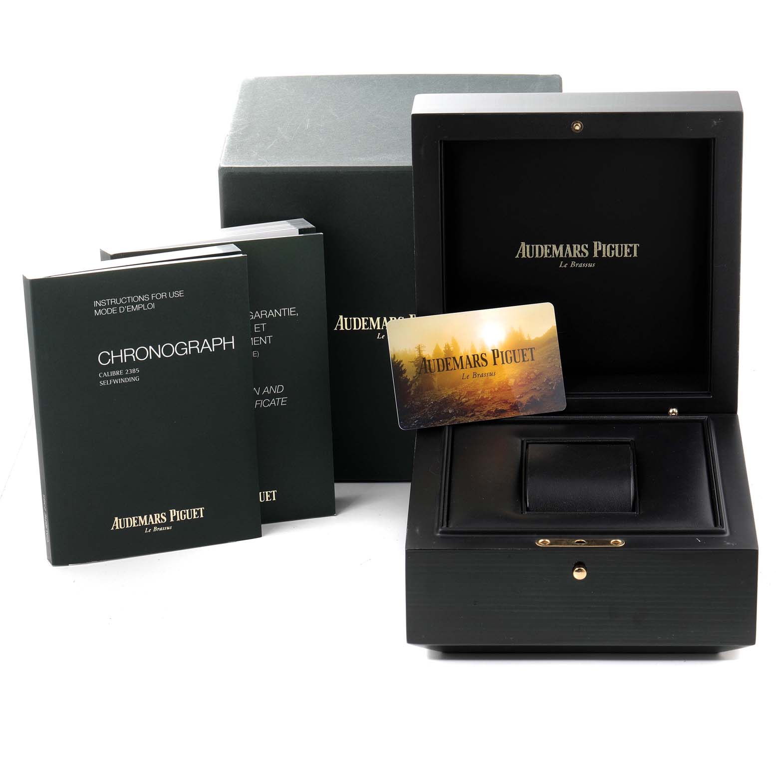 The image shows the packaging, manuals, and presentation box for a Royal Oak model by Audemars Piguet.