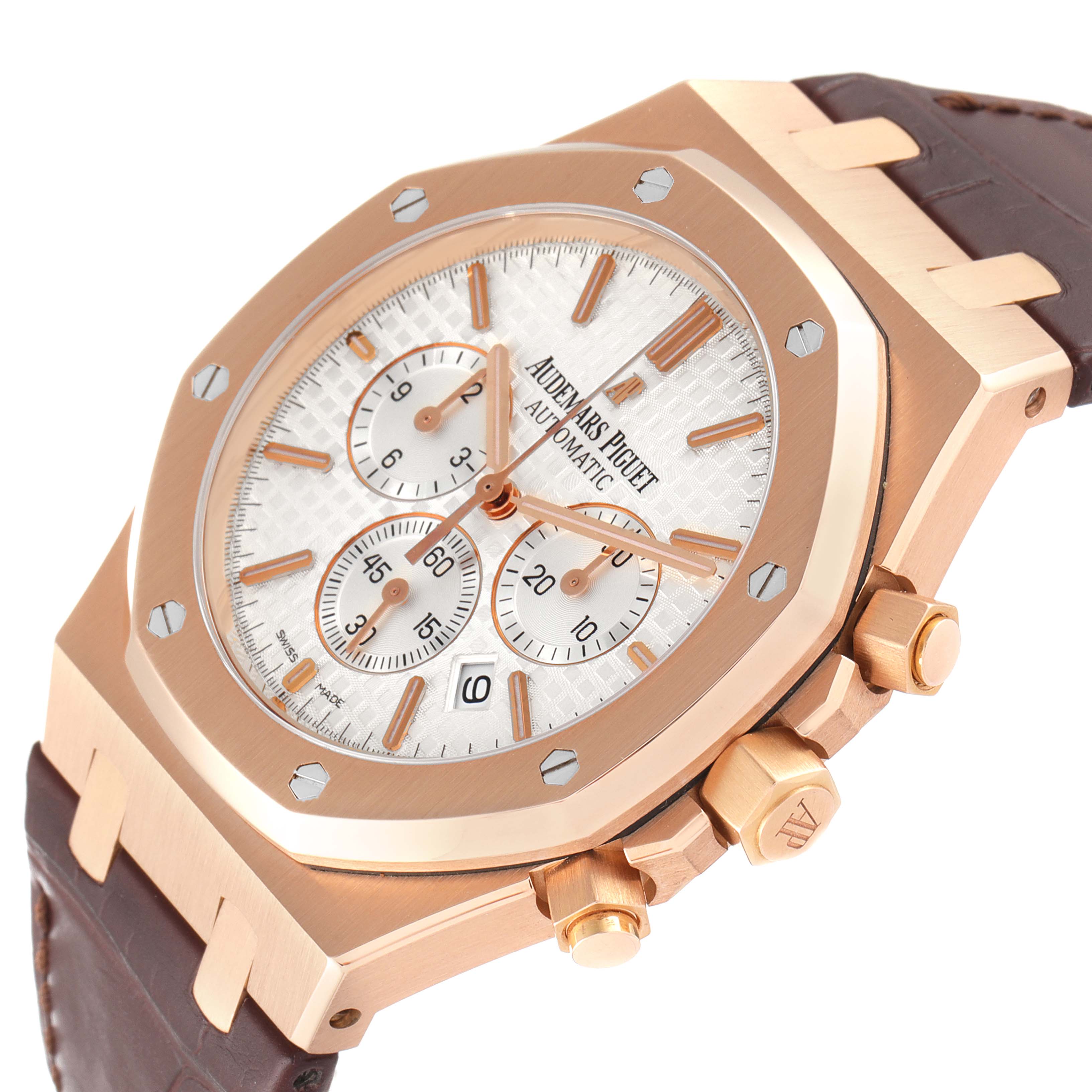 The image shows a close-up angle of the Audemars Piguet Royal Oak 26320OR.OO.D088CR.01 Men's Rose Gold Silver Dial 26320OR.OO.D088CR.01 Men's Rose Gold Silver Dial watch, highlighting the dial, bezel, pushers, and crown.