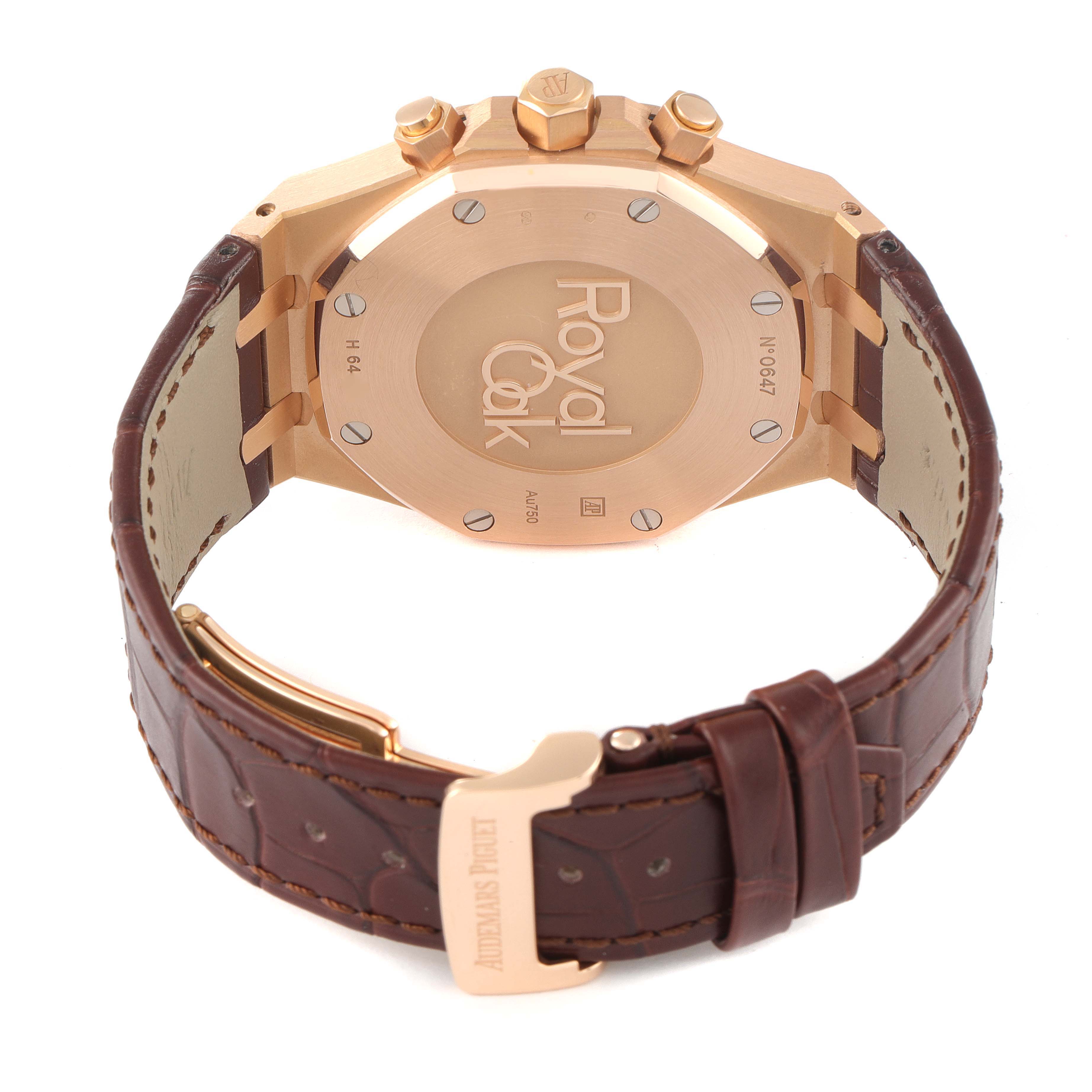 The image shows the back case and brown leather strap of an Audemars Piguet Royal Oak 26320OR.OO.D088CR.01 Men's Rose Gold Silver Dial 26320OR.OO.D088CR.01 Men's Rose Gold Silver Dial watch.