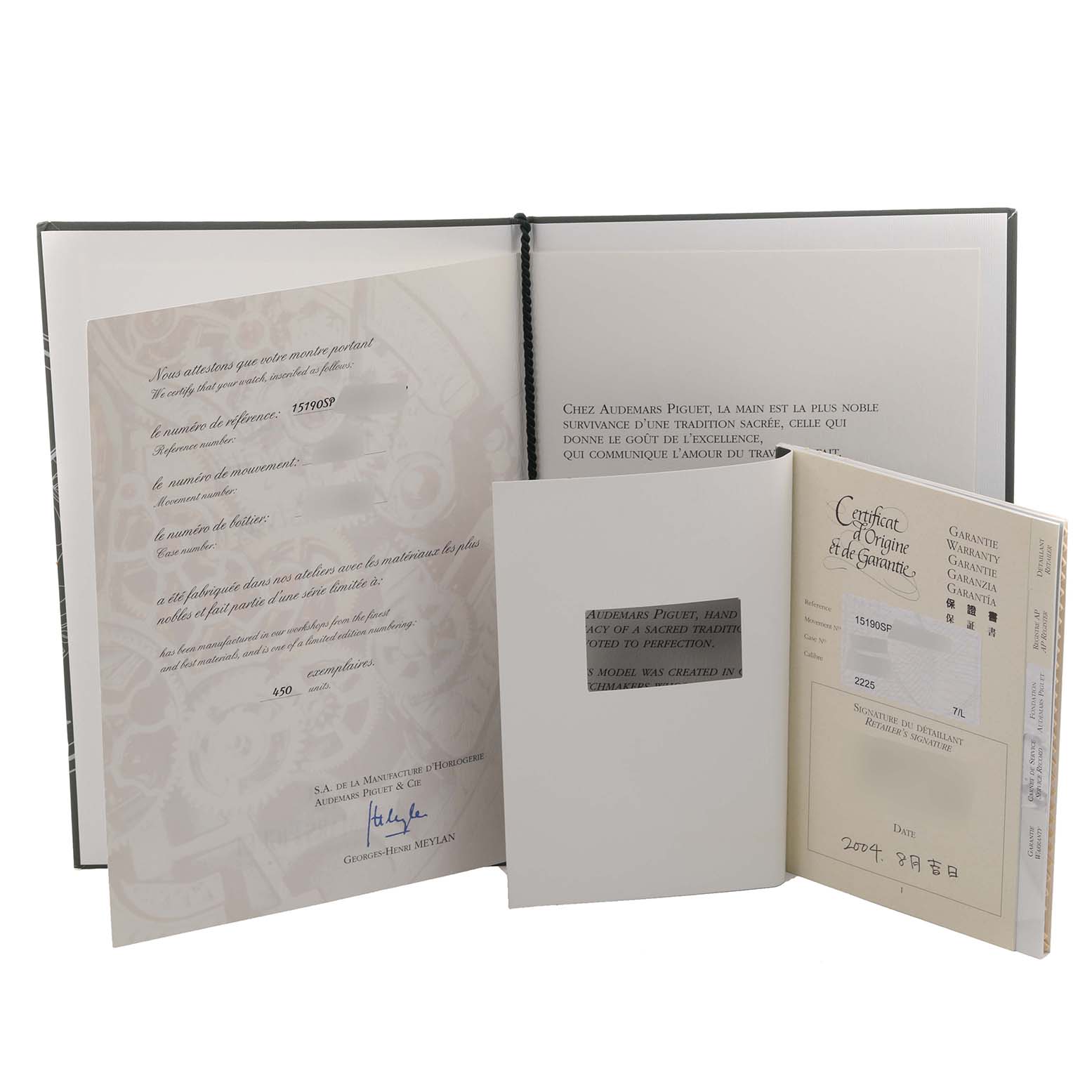 The image shows the warranty, certificates, and documentation for the Audemars Piguet Royal Oak 15190SP.O.0789ST.01 Men's Stainless Steel Black Dial 15190SP.O.0789ST.01 Men's Stainless Steel Black Dial model.