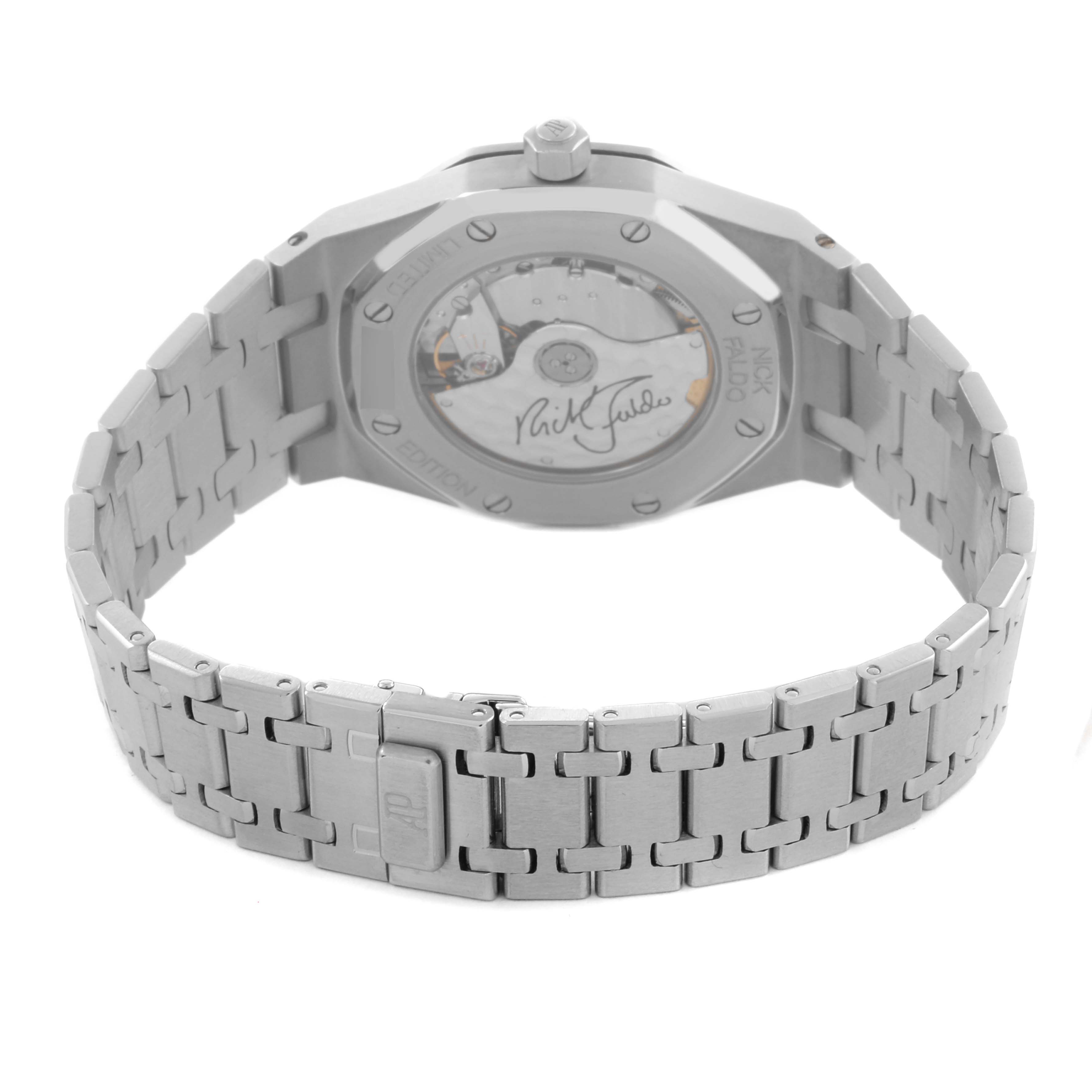 The image shows the back view of an Audemars Piguet Royal Oak 15190SP.O.0789ST.01 Men's Stainless Steel Black Dial 15190SP.O.0789ST.01 Men's Stainless Steel Black Dial, highlighting the case back and bracelet.