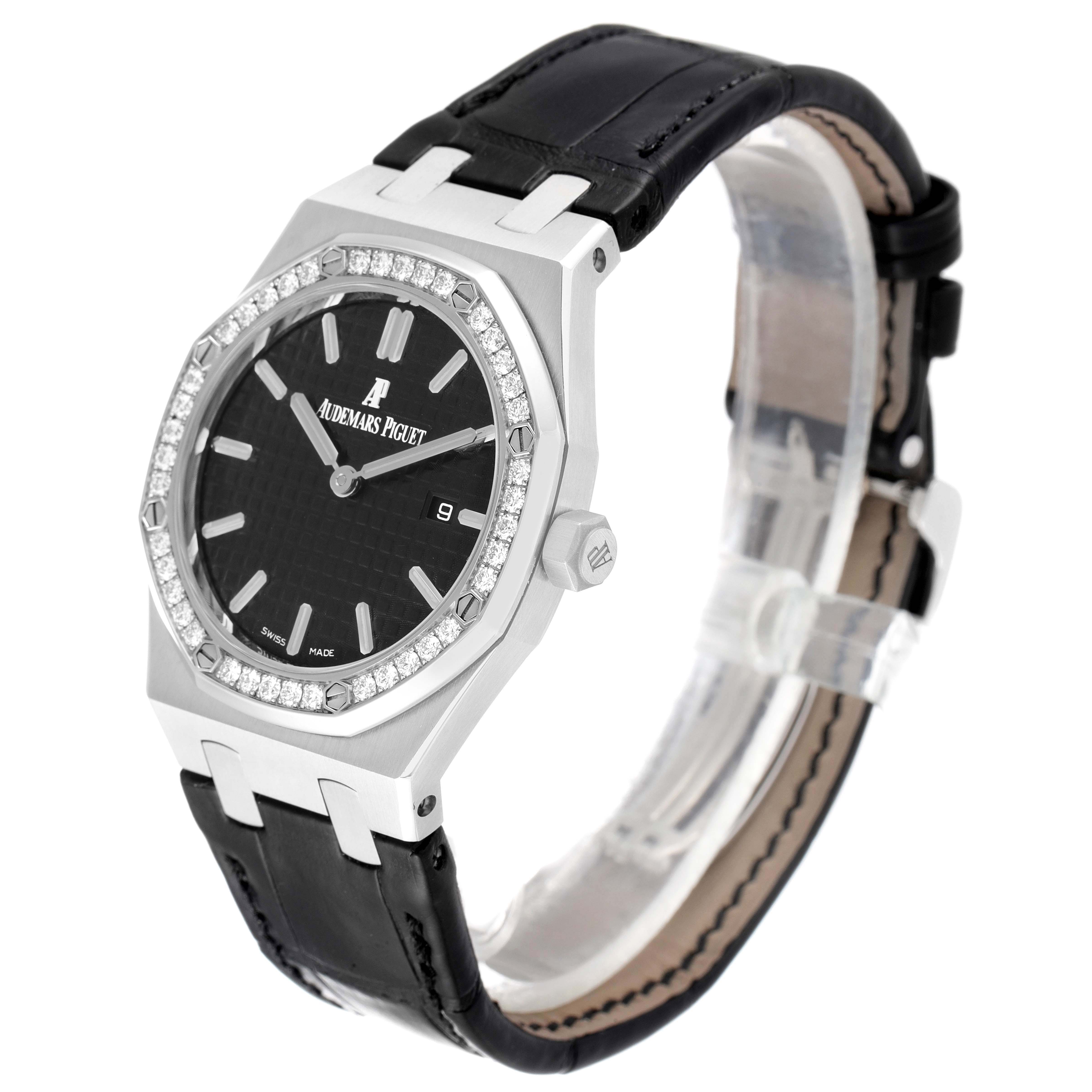 The image shows an angled view of the Audemars Piguet Royal Oak 67651ST.ZZ.D002CR.01 Women's Stainless Steel Black Dial 67651ST.ZZ.D002CR.01 Women's Stainless Steel Black Dial watch, highlighting the face, bezel, and leather strap.