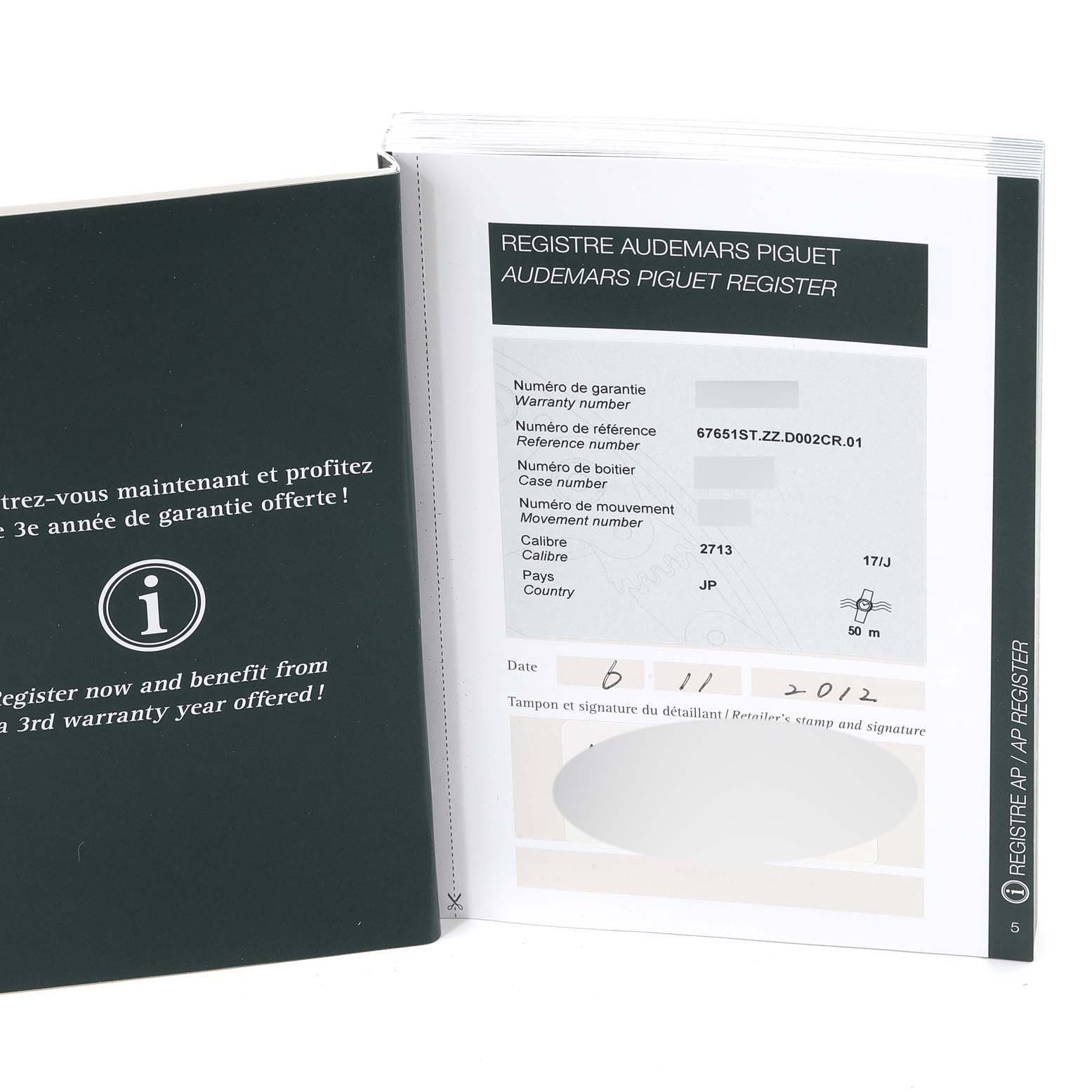 This image shows the warranty and registration document for an Audemars Piguet Royal Oak 67651ST.ZZ.D002CR.01 Women's Stainless Steel Black Dial 67651ST.ZZ.D002CR.01 Women's Stainless Steel Black Dial model.