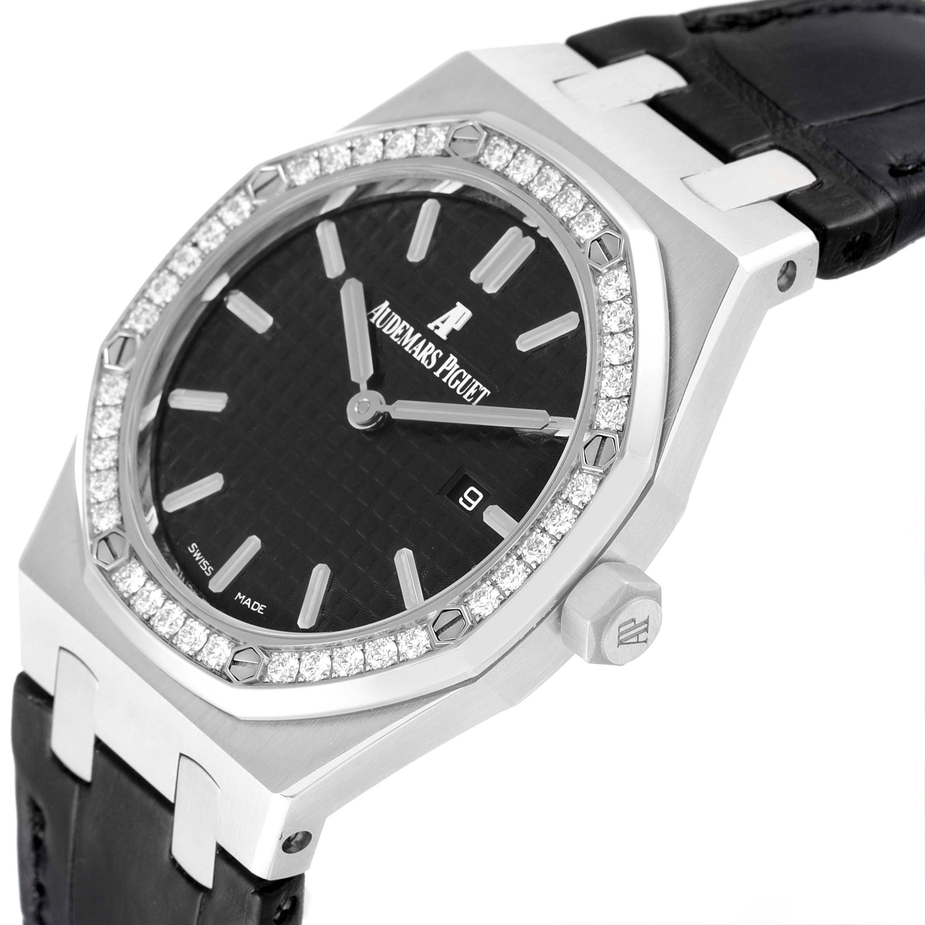 This image shows an angled view of the Audemars Piguet Royal Oak 67651ST.ZZ.D002CR.01 Women's Stainless Steel Black Dial 67651ST.ZZ.D002CR.01 Women's Stainless Steel Black Dial watch, highlighting its bezel, dial, and part of the strap.