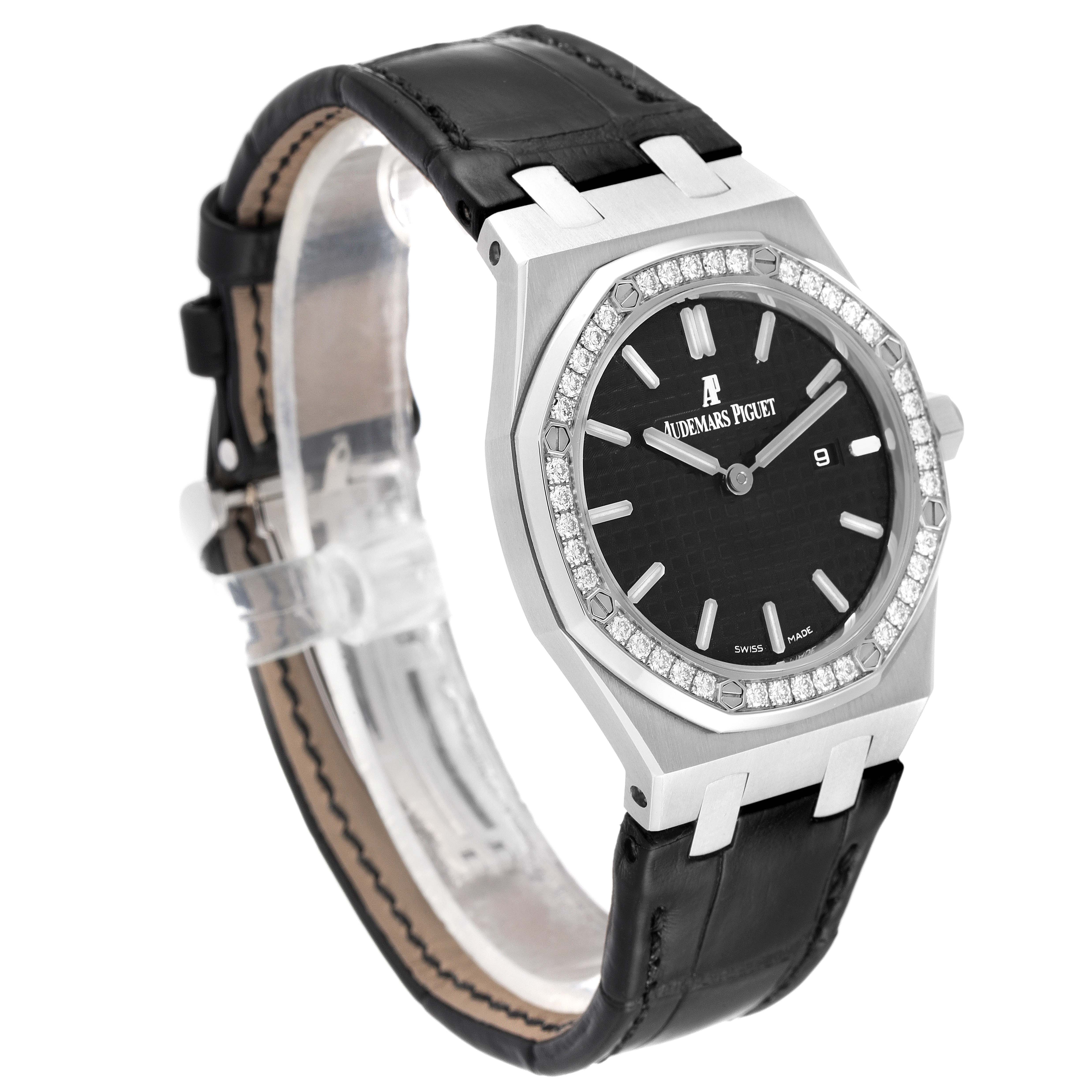 This Royal Oak model by Audemars Piguet is shown at a three-quarter angle, highlighting the watch face, bezel, and black leather strap.
