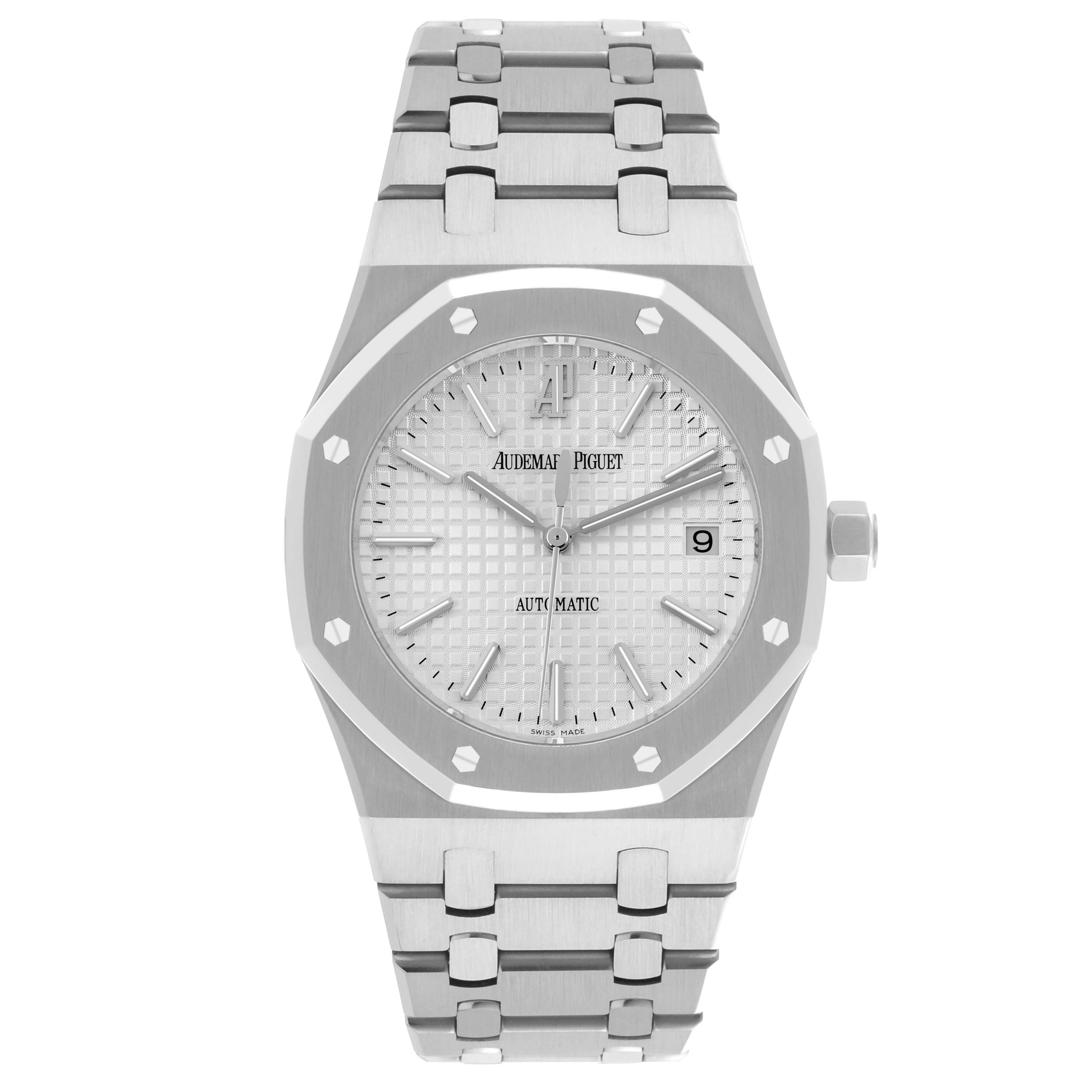 The Audemars Piguet Royal Oak 15300ST.OO.1220ST.01 Men's Stainless Steel White Dial 15300ST.OO.1220ST.01 Men's Stainless Steel White Dial watch is shown from a front angle, featuring the dial, bezel, and bracelet.