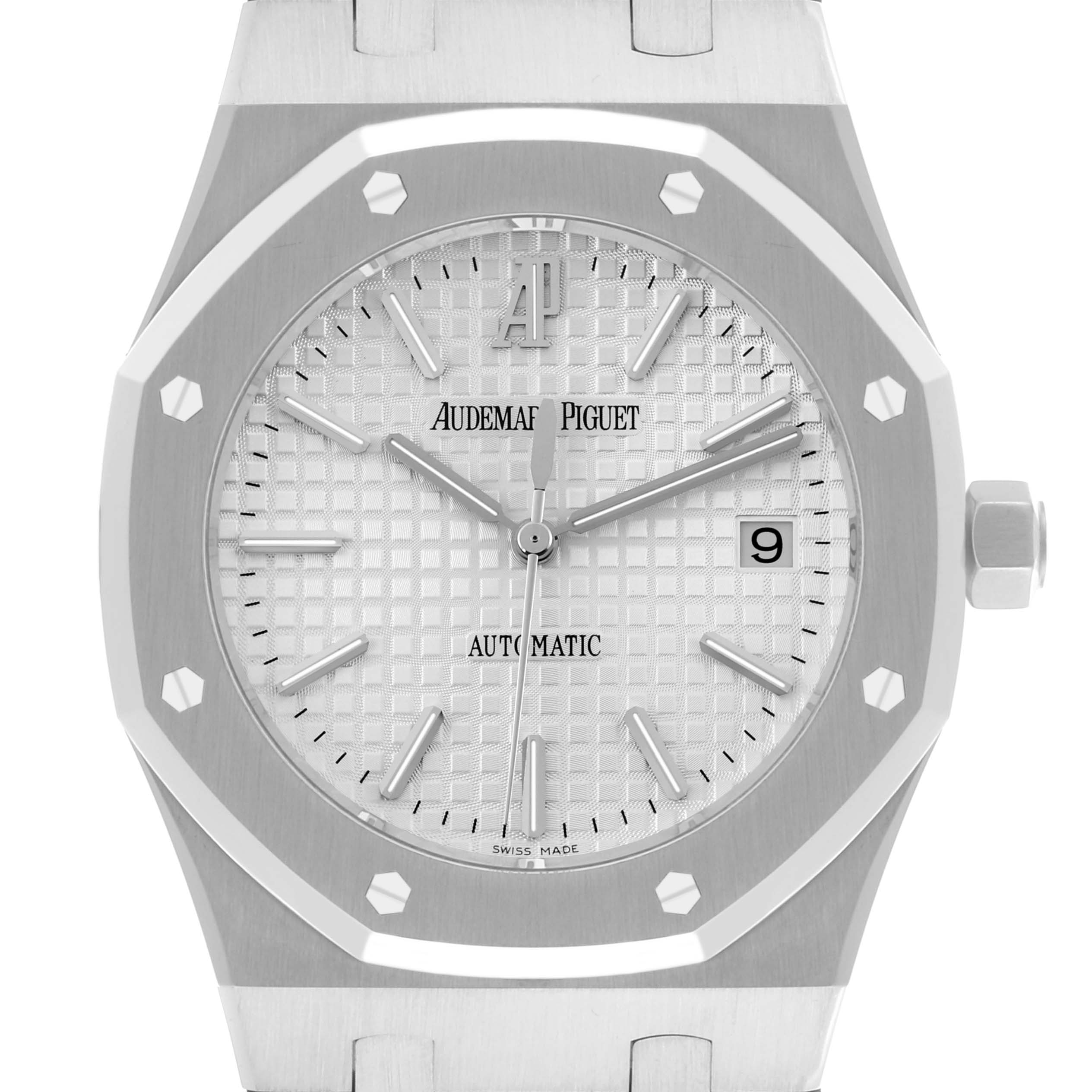 The image shows a front view of the Audemars Piguet Royal Oak 15300ST.OO.1220ST.01 Men's Stainless Steel White Dial 15300ST.OO.1220ST.01 Men's Stainless Steel White Dial watch, highlighting the face, bezel, and part of the bracelet.