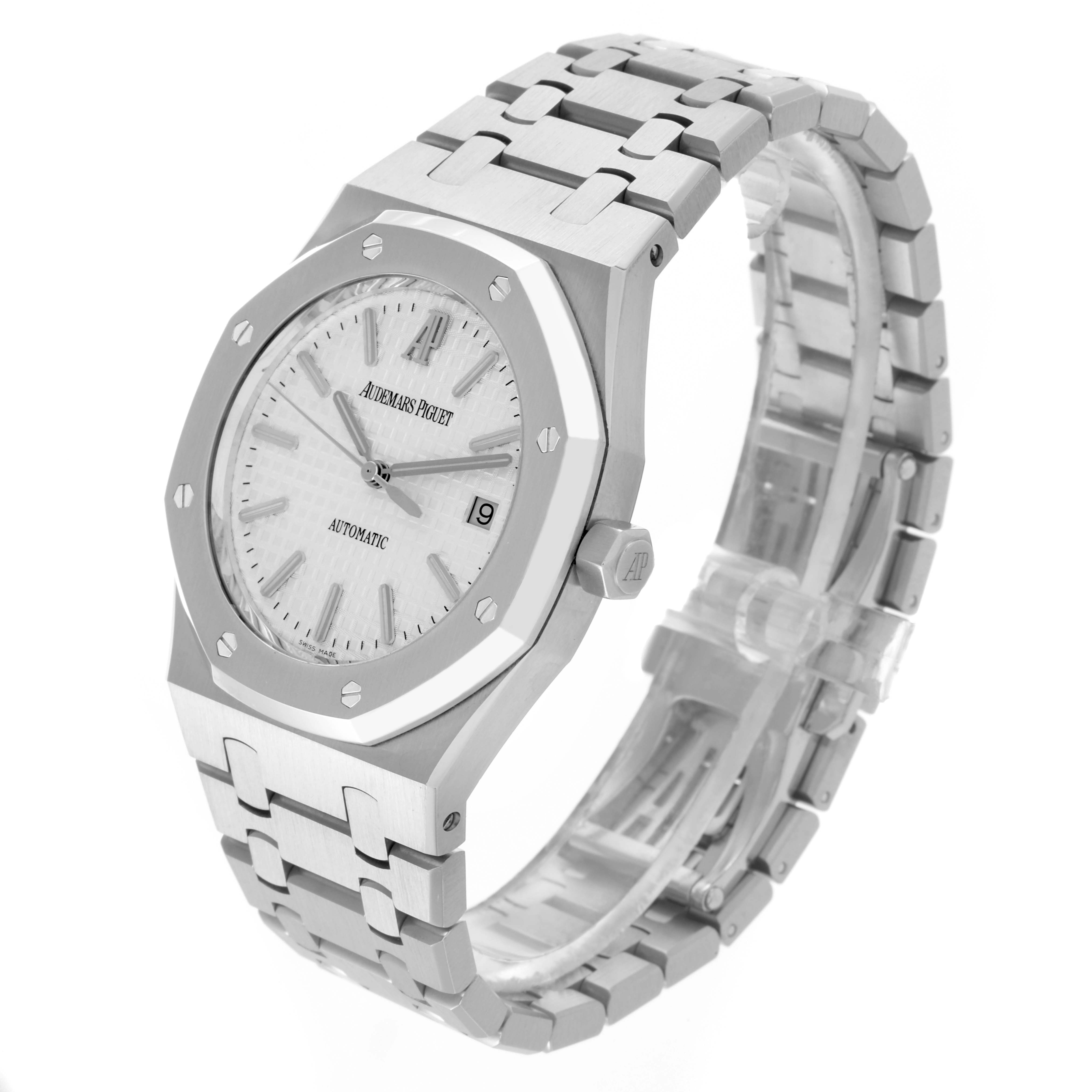 The Audemars Piguet Royal Oak 15300ST.OO.1220ST.01 Men's Stainless Steel White Dial 15300ST.OO.1220ST.01 Men's Stainless Steel White Dial watch is shown from a front-left angle, displaying the octagonal bezel, dial, crown, and bracelet.